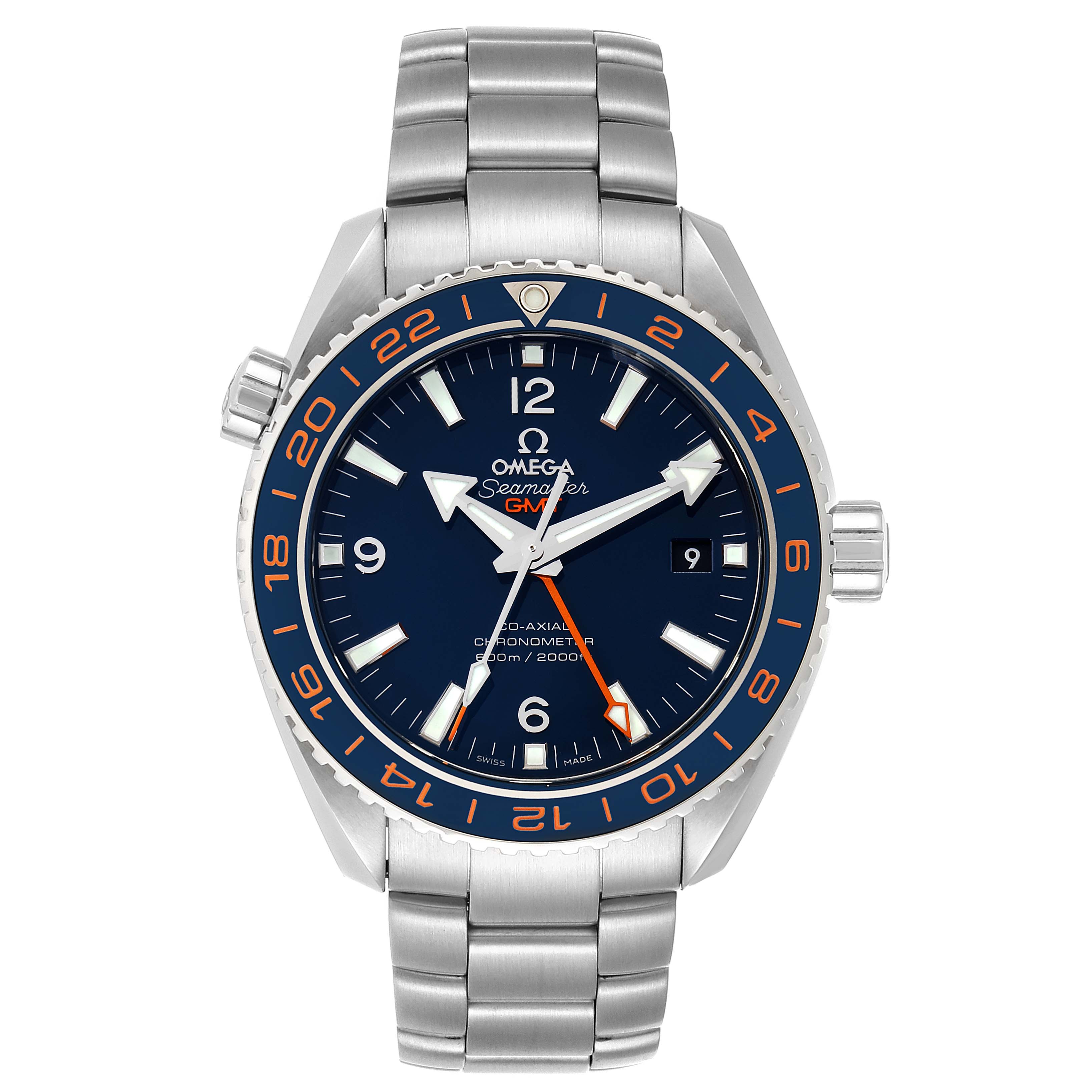 The image shows a frontal view of an Omega Planet Ocean 232.30.44.22.03.001 Men's Stainless Steel Blue Dial 232.30.44.22.03.001 Men's Stainless Steel Blue Dial watch, highlighting the dial, bezel, and bracelet.