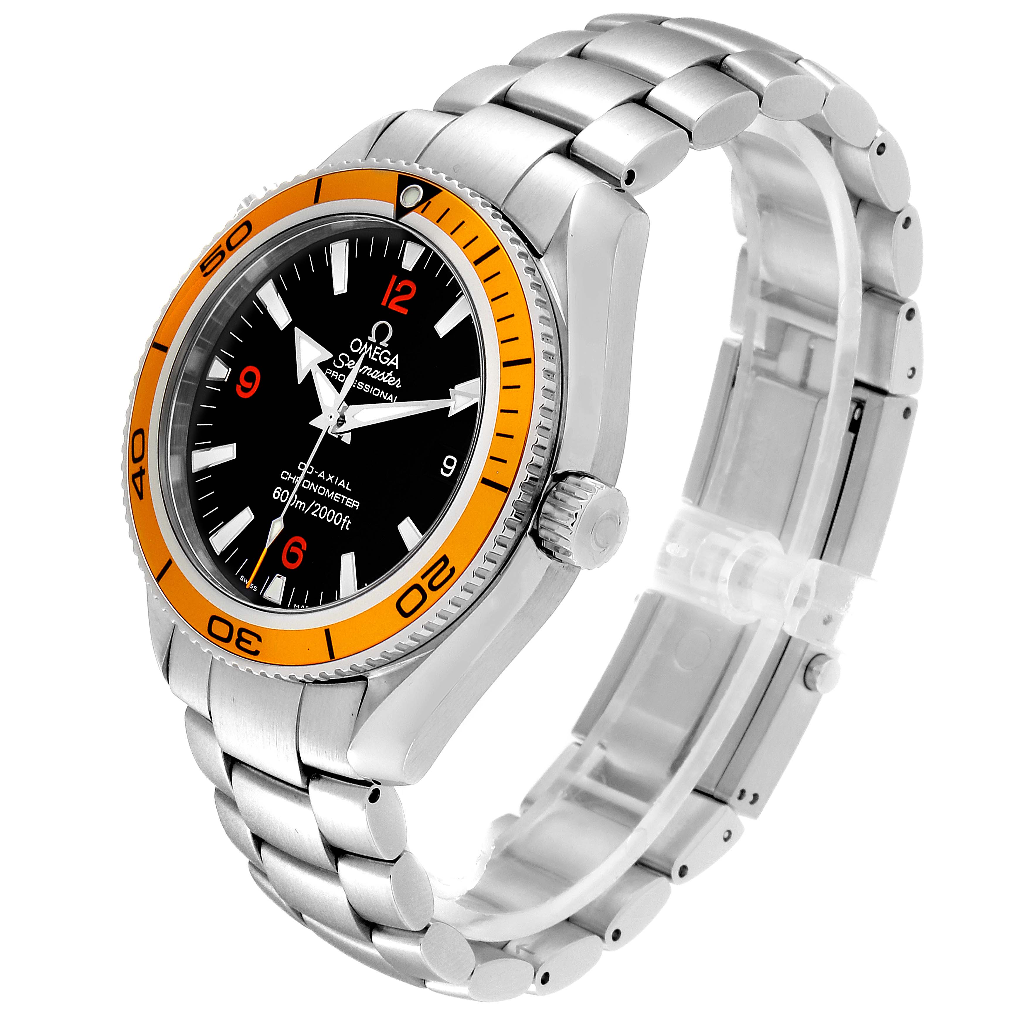 The image shows an angled view of the Omega Planet Ocean 2209.50.00 Men
s Stainless Steel Black Dial 2209.50.00 Men
s Stainless Steel Black Dial watch, displaying its dial, bezel, crown, and bracelet.