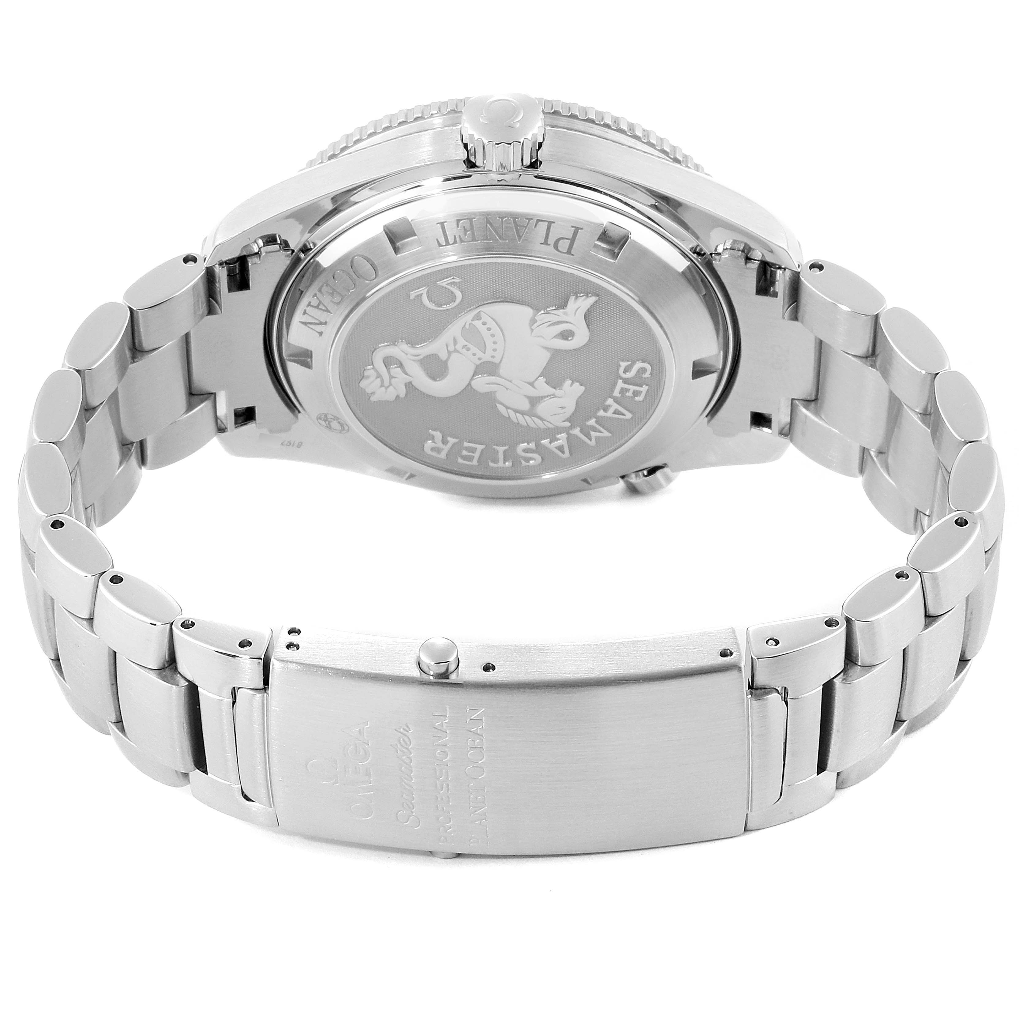 The image shows the back view of an Omega Seamaster Planet Ocean watch, highlighting the case back and bracelet.