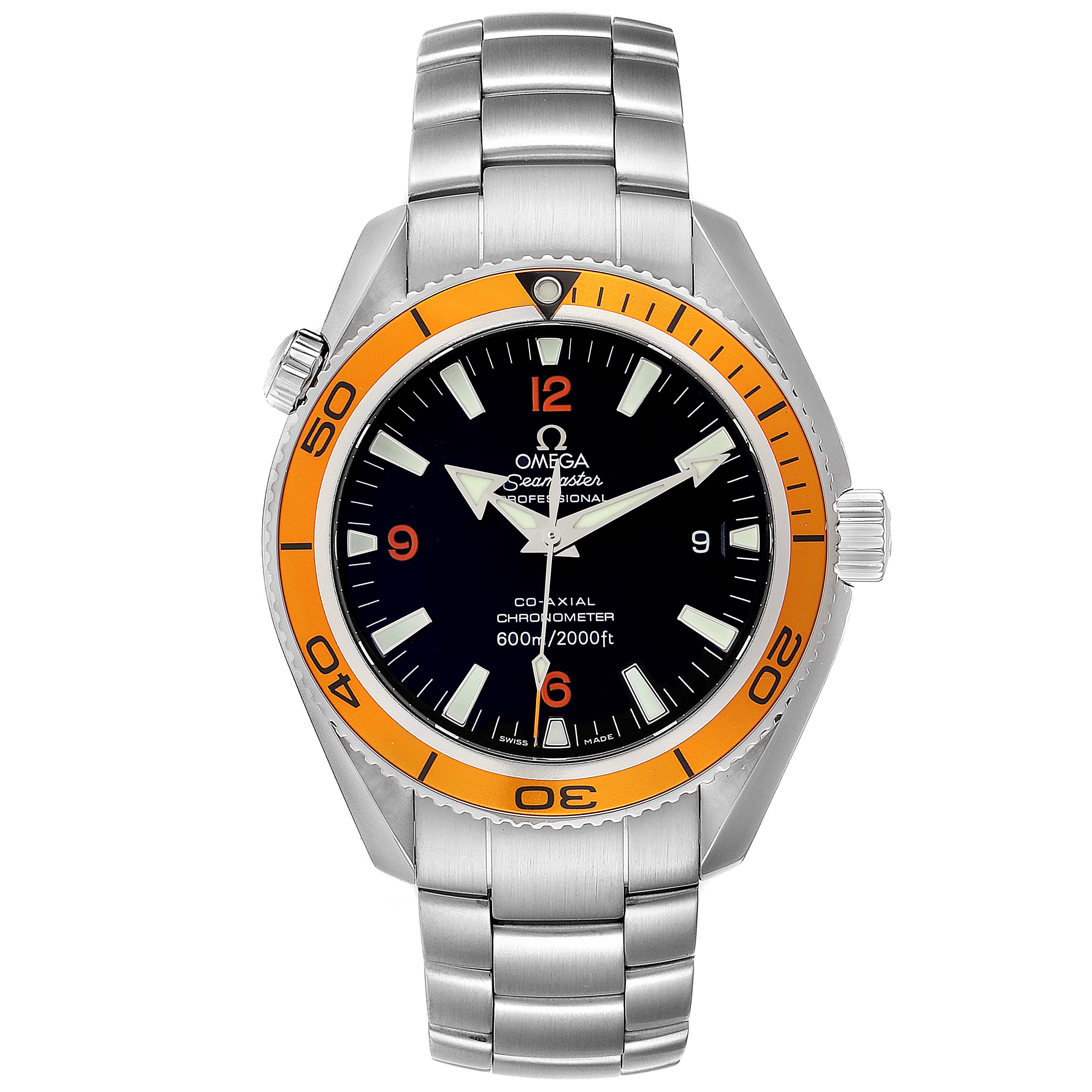 The Omega Planet Ocean 2209.50.00 Men
s Stainless Steel Black Dial 2209.50.00 Men
s Stainless Steel Black Dial watch is shown from a top-down angle, displaying its dial, bezel, and metal bracelet.