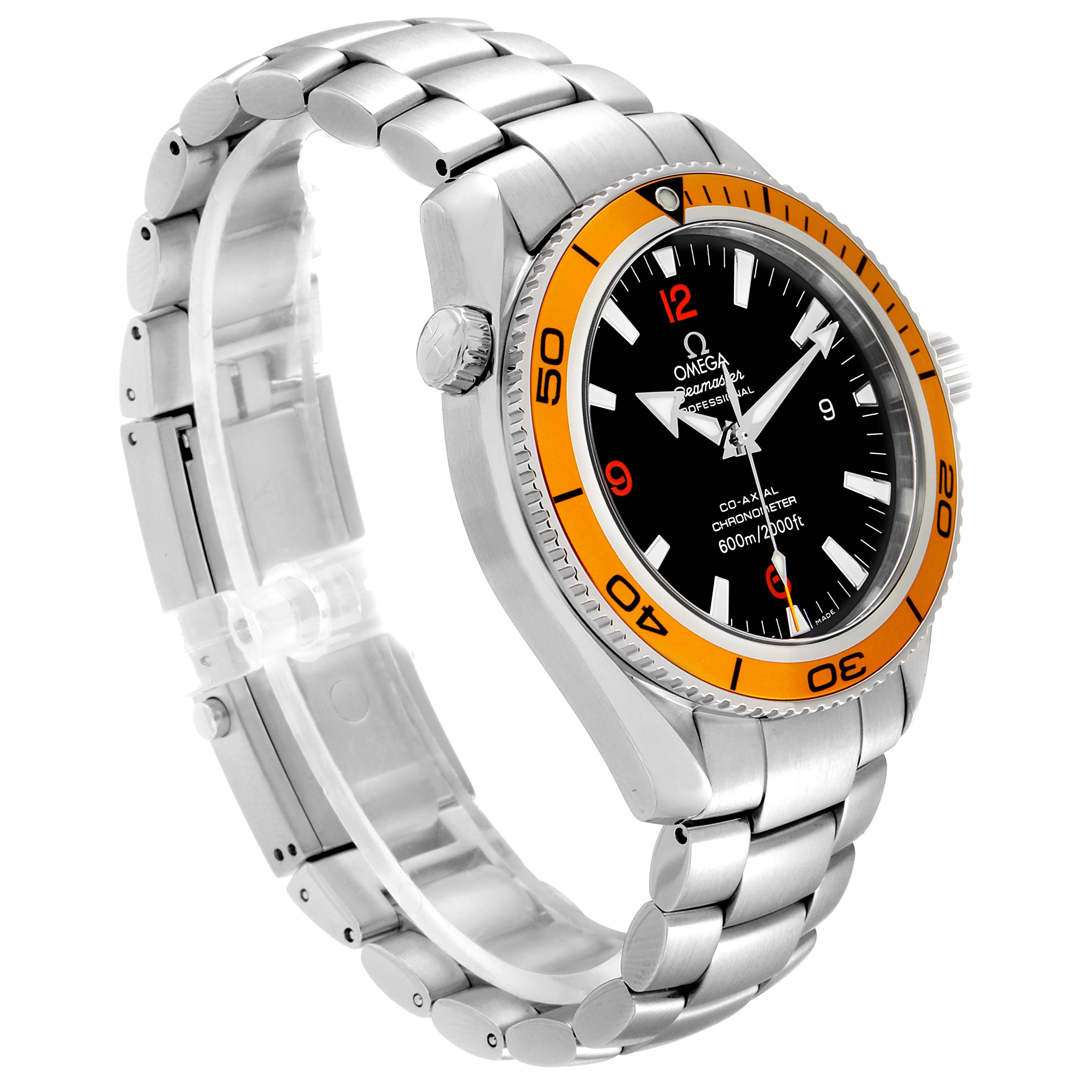 The image shows a side-angle view of the Omega Planet Ocean 2209.50.00 Men
s Stainless Steel Black Dial 2209.50.00 Men
s Stainless Steel Black Dial watch, highlighting the orange bezel and stainless steel bracelet.