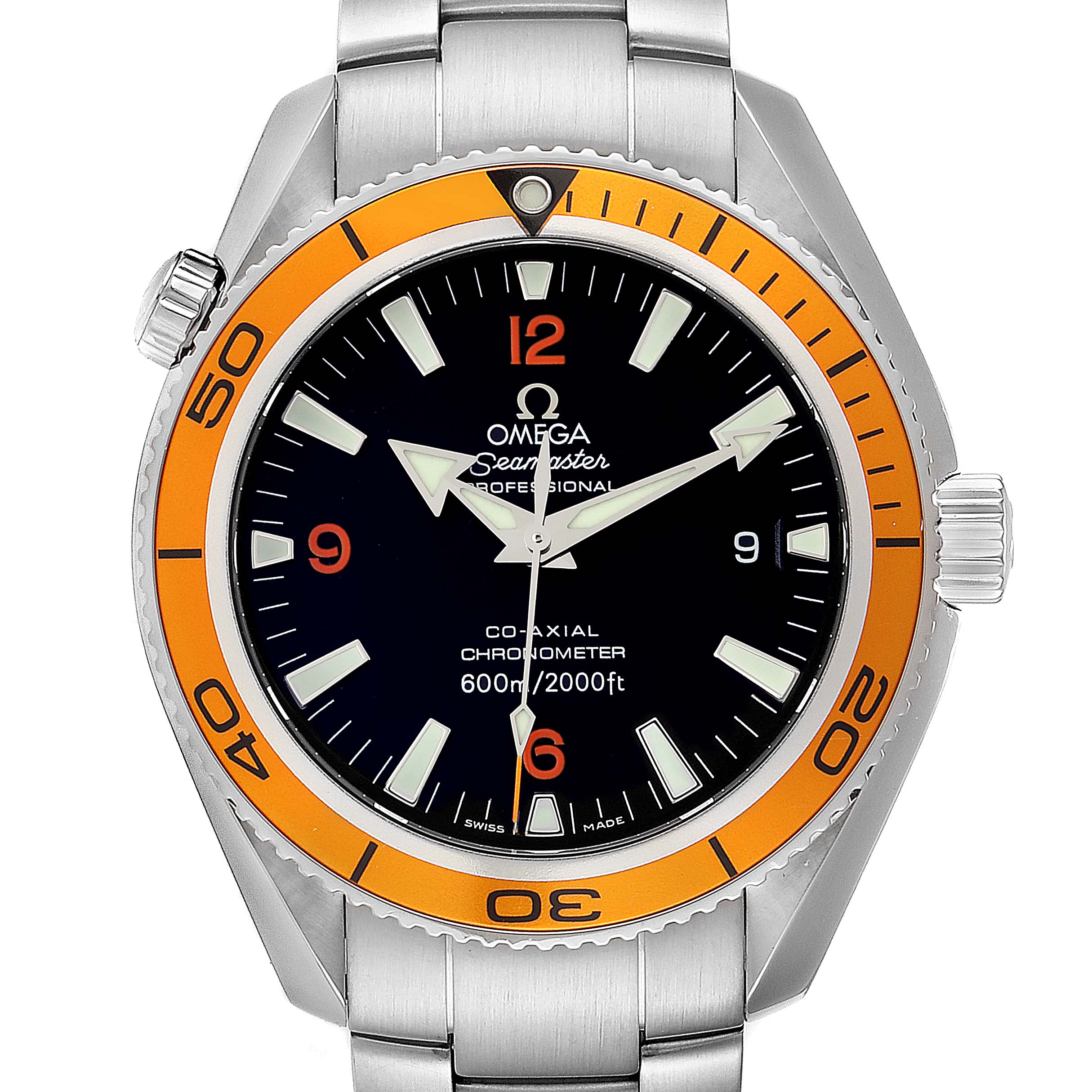 The image shows a front view of the Omega Planet Ocean 2209.50.00 Men
s Stainless Steel Black Dial 2209.50.00 Men
s Stainless Steel Black Dial watch, displaying the bezel, dial, and crown.