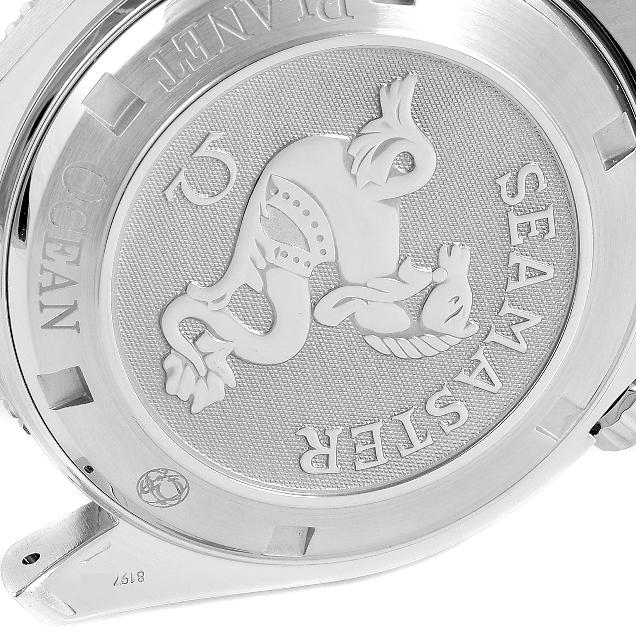 The image shows the back case of the Omega Planet Ocean 2209.50.00 Men
s Stainless Steel Black Dial 2209.50.00 Men
s Stainless Steel Black Dial Seamaster watch.