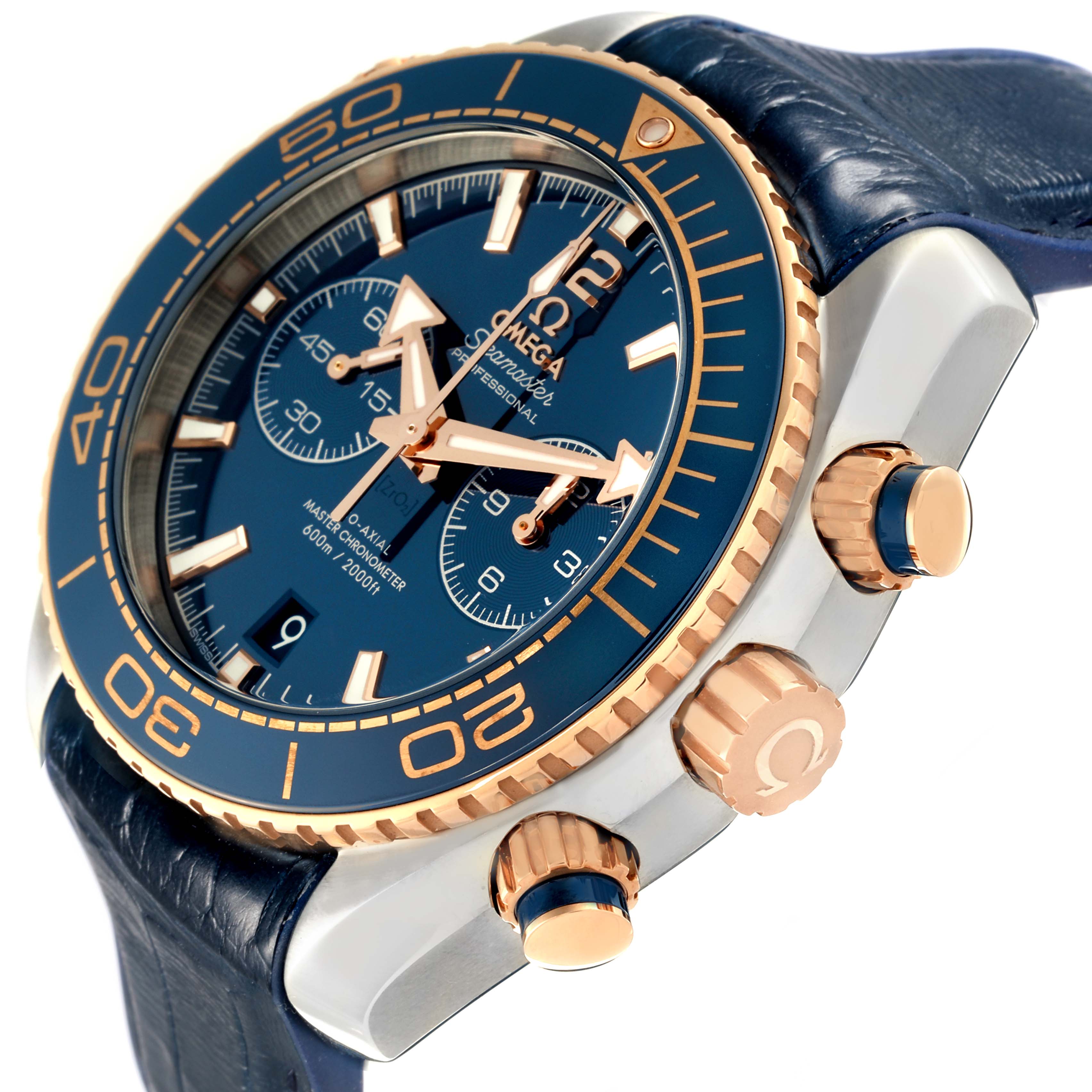 The image shows a close-up side and front angle of the Omega Planet Ocean 215.23.46.51.03.001 Men's Steel and Gold (two tone) Blue Dial 215.23.46.51.03.001 Men's Steel and Gold (two tone) Blue Dial watch, highlighting the bezel, dial, and crown.