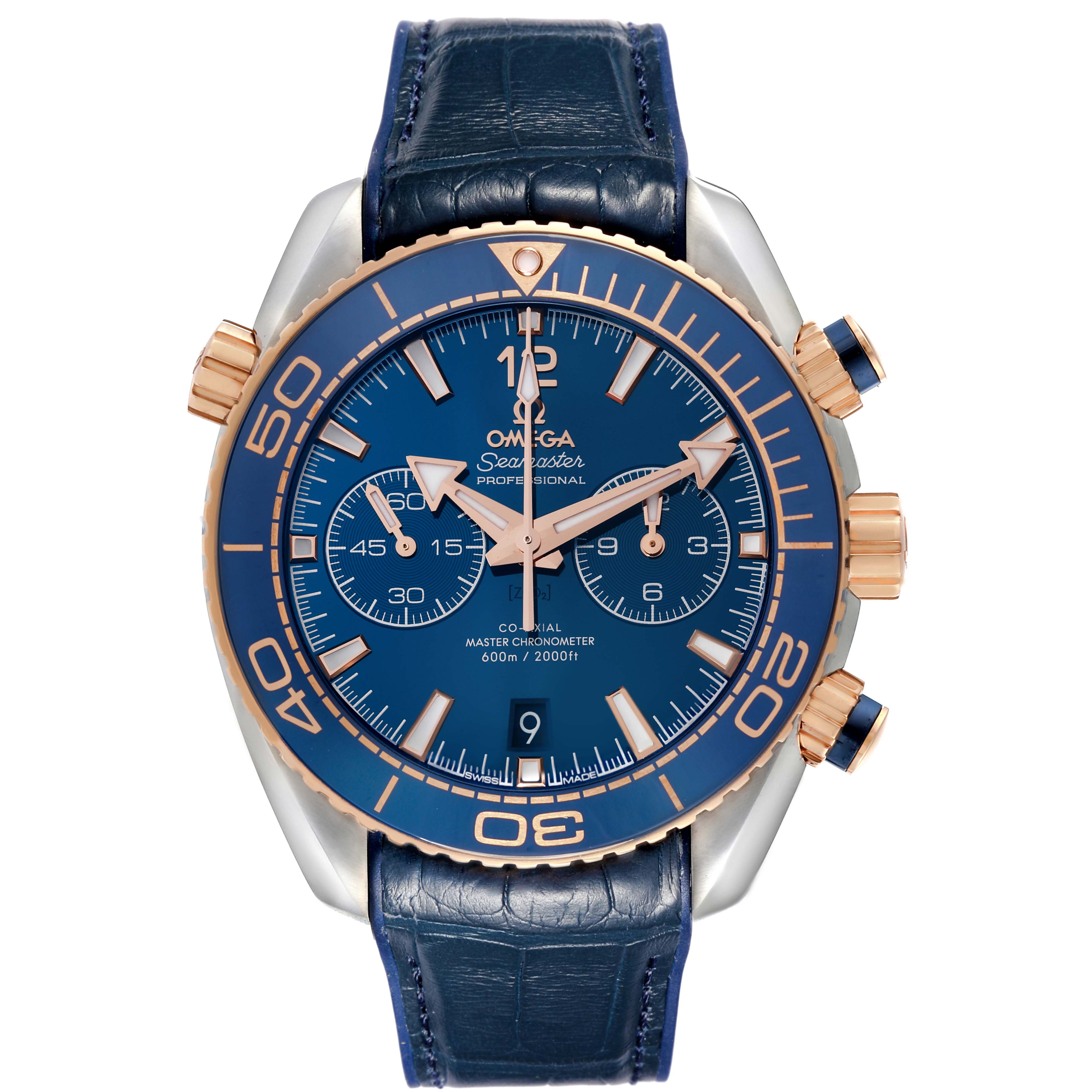 This image shows a frontal view of the Omega Planet Ocean 215.23.46.51.03.001 Men's Steel and Gold (two tone) Blue Dial 215.23.46.51.03.001 Men's Steel and Gold (two tone) Blue Dial watch, highlighting the face, bezel, crown, subdials, and straps.