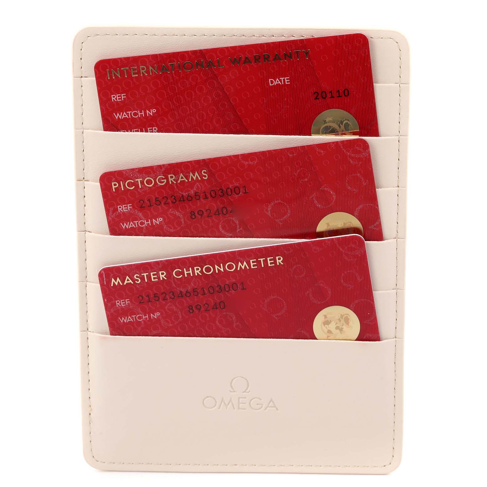 The image shows warranty and certification cards for the Omega Planet Ocean 215.23.46.51.03.001 Men's Steel and Gold (two tone) Blue Dial 215.23.46.51.03.001 Men's Steel and Gold (two tone) Blue Dial model in a white Omega cardholder.