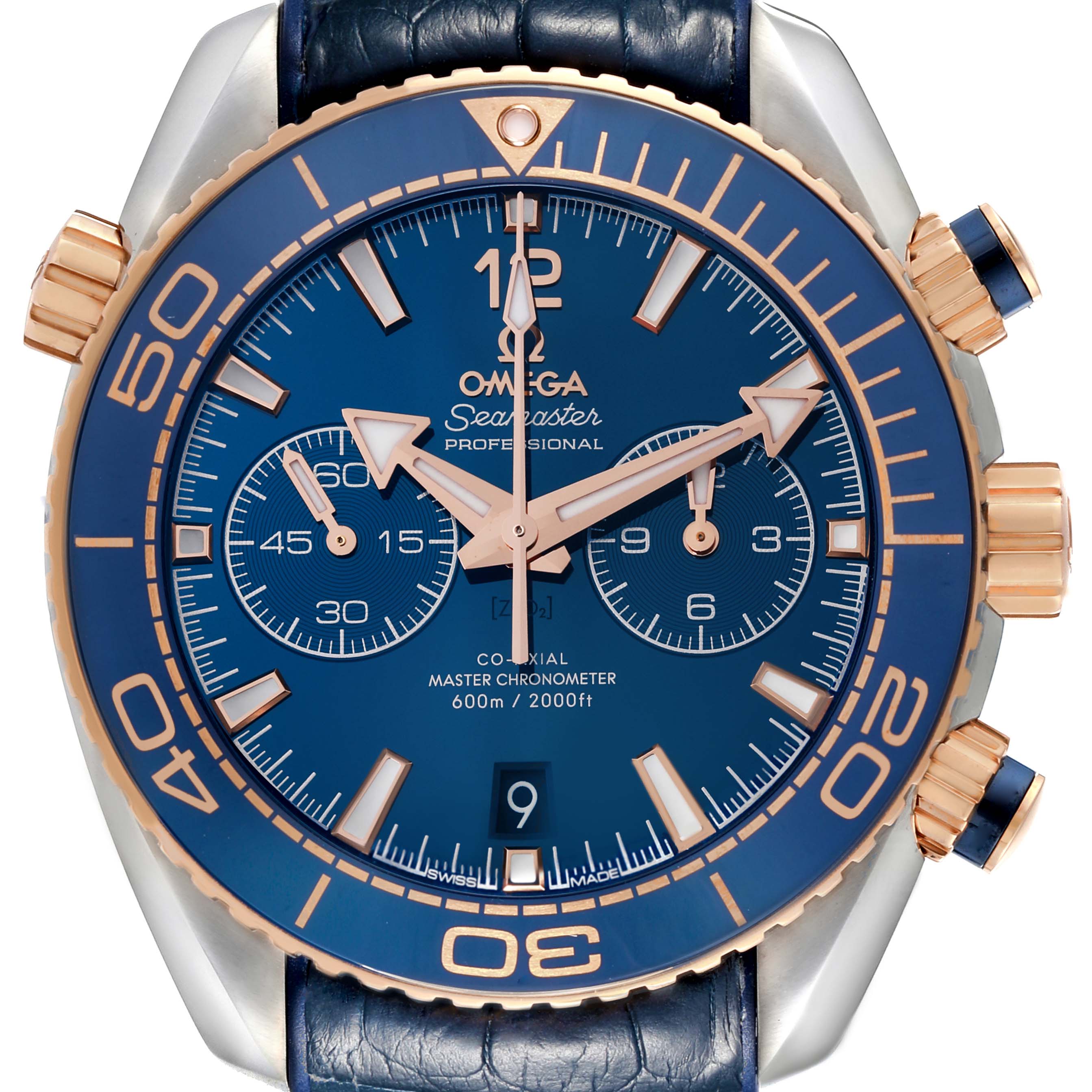 The image shows a front view of the Omega Planet Ocean 215.23.46.51.03.001 Men's Steel and Gold (two tone) Blue Dial 215.23.46.51.03.001 Men's Steel and Gold (two tone) Blue Dial model, displaying the dial, bezel, markers, and chronograph sub-dials.