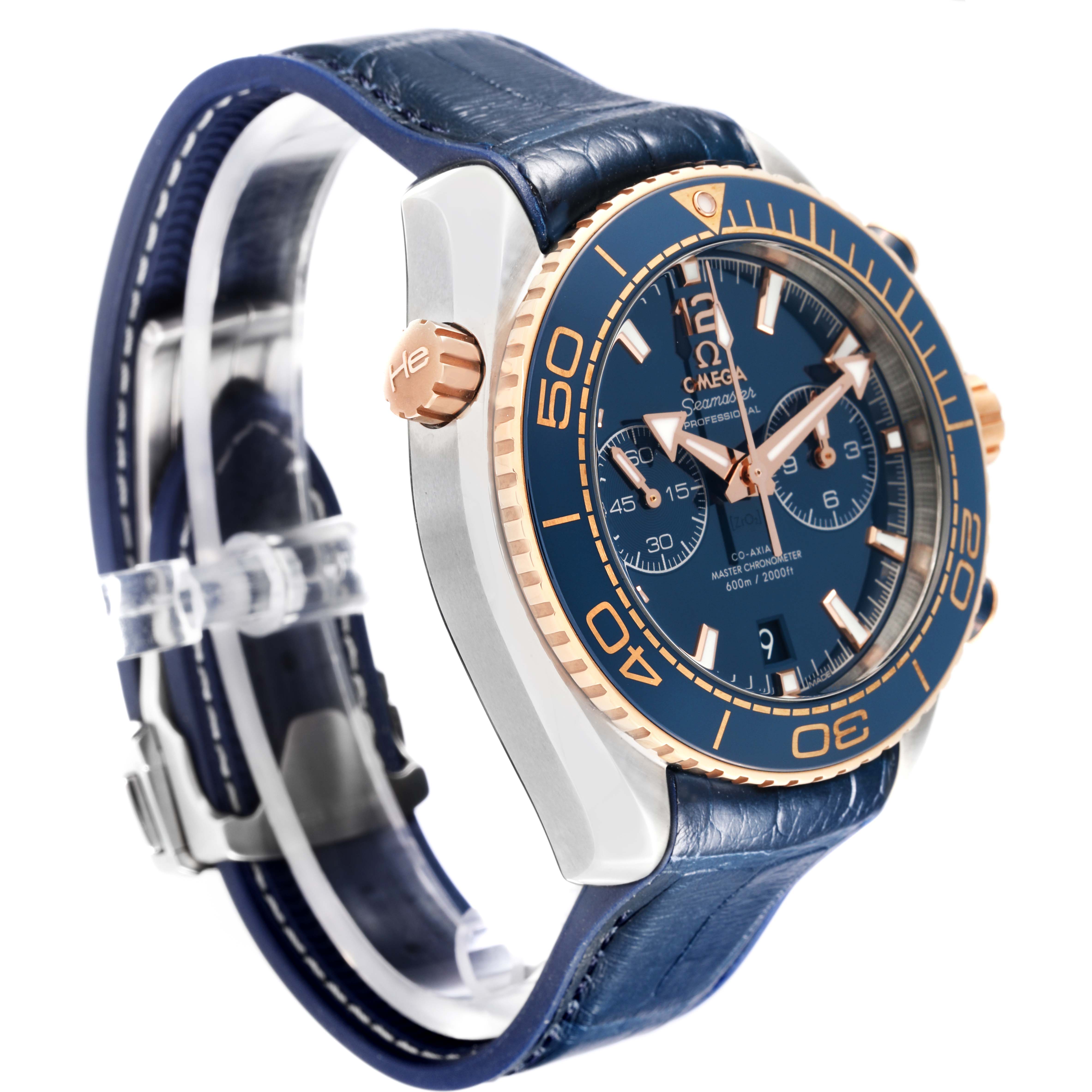 The image shows an angled side view of the Omega Planet Ocean 215.23.46.51.03.001 Men's Steel and Gold (two tone) Blue Dial 215.23.46.51.03.001 Men's Steel and Gold (two tone) Blue Dial watch, displaying the bezel, crown, dial, and part of the strap.