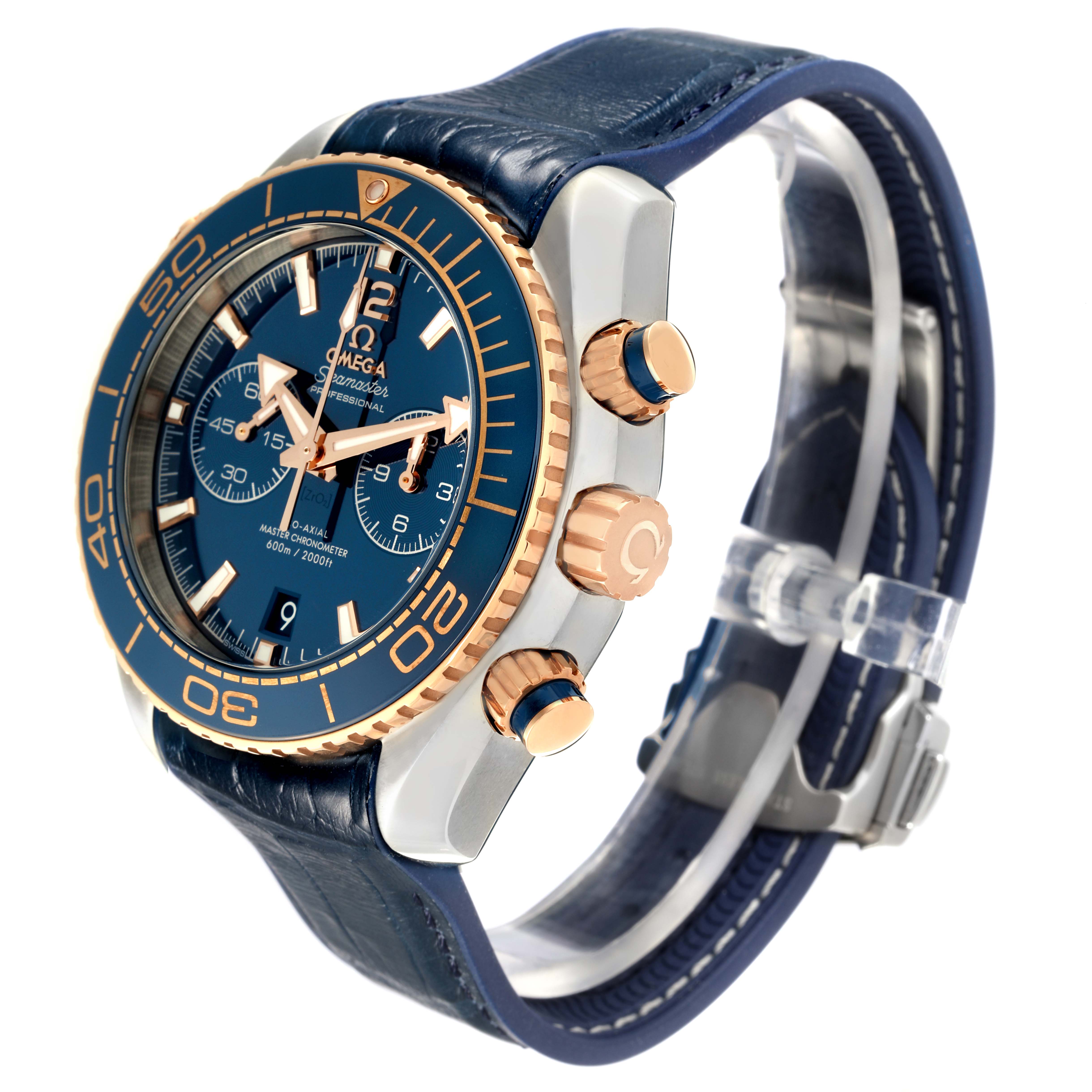 This is a side and partially top view of an Omega Planet Ocean 215.23.46.51.03.001 Men's Steel and Gold (two tone) Blue Dial 215.23.46.51.03.001 Men's Steel and Gold (two tone) Blue Dial watch, showcasing the crown, pushers, and bezel.