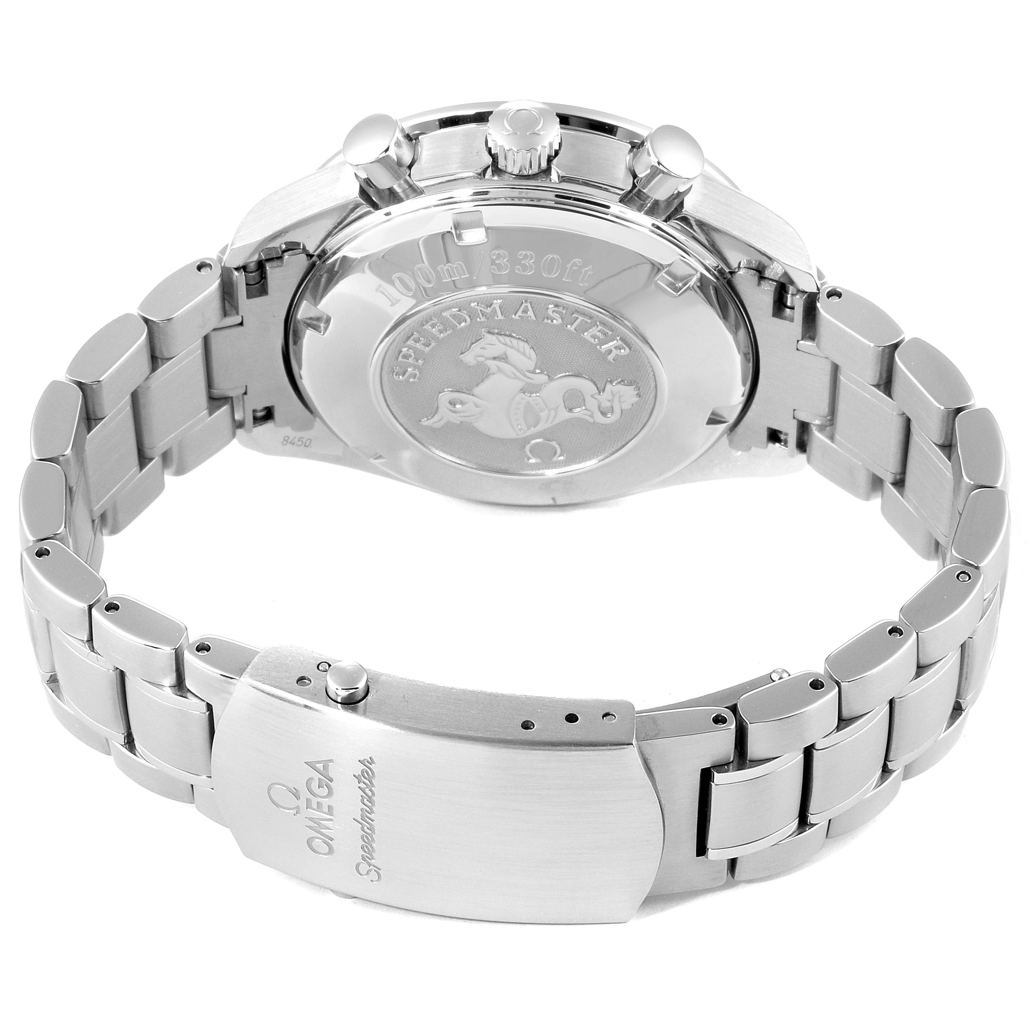 The image shows the back, clasp, and bracelet of the Omega Speedmaster 3220.50.00 Men
s Stainless Steel Black Dial 3220.50.00 Men
s Stainless Steel Black Dial watch at an angled view.