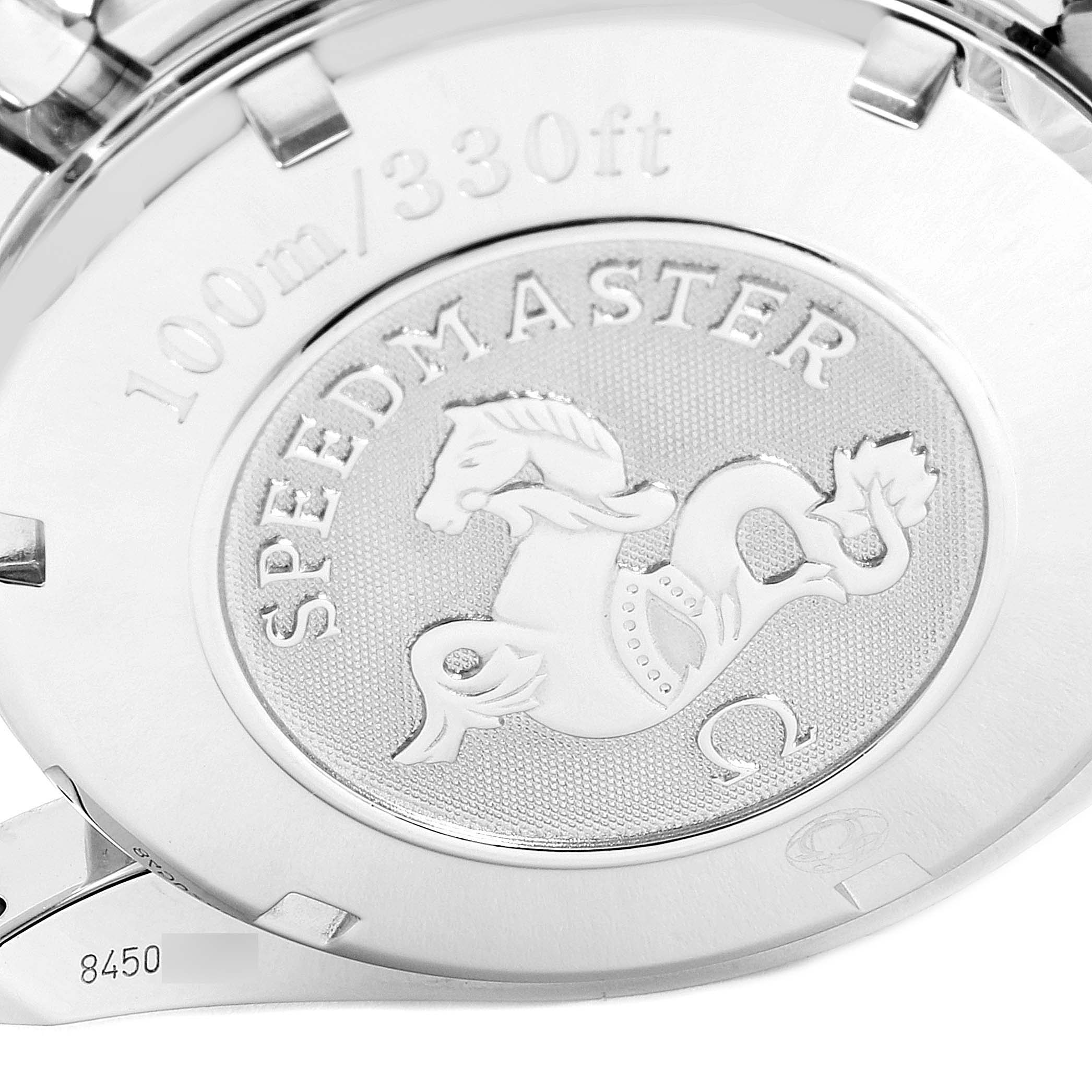 This is a close-up of the back of an Omega Speedmaster 3220.50.00 Men
s Stainless Steel Black Dial 3220.50.00 Men
s Stainless Steel Black Dial watch, showing the model name, seahorse emblem, and water resistance details.