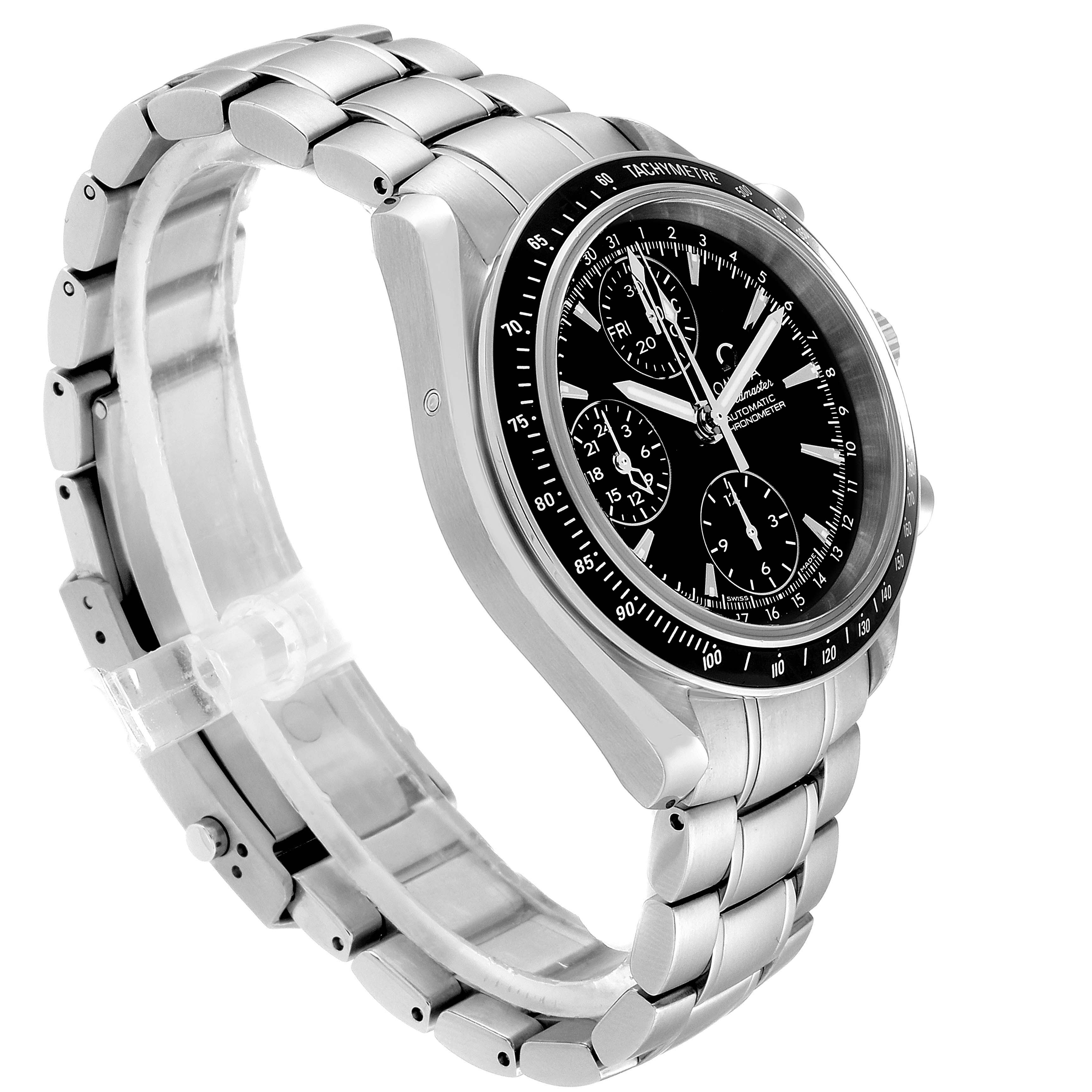The Omega Speedmaster 3220.50.00 Men
s Stainless Steel Black Dial 3220.50.00 Men
s Stainless Steel Black Dial watch is shown from a side angle, highlighting the bracelet, bezel, and dial with subdials.