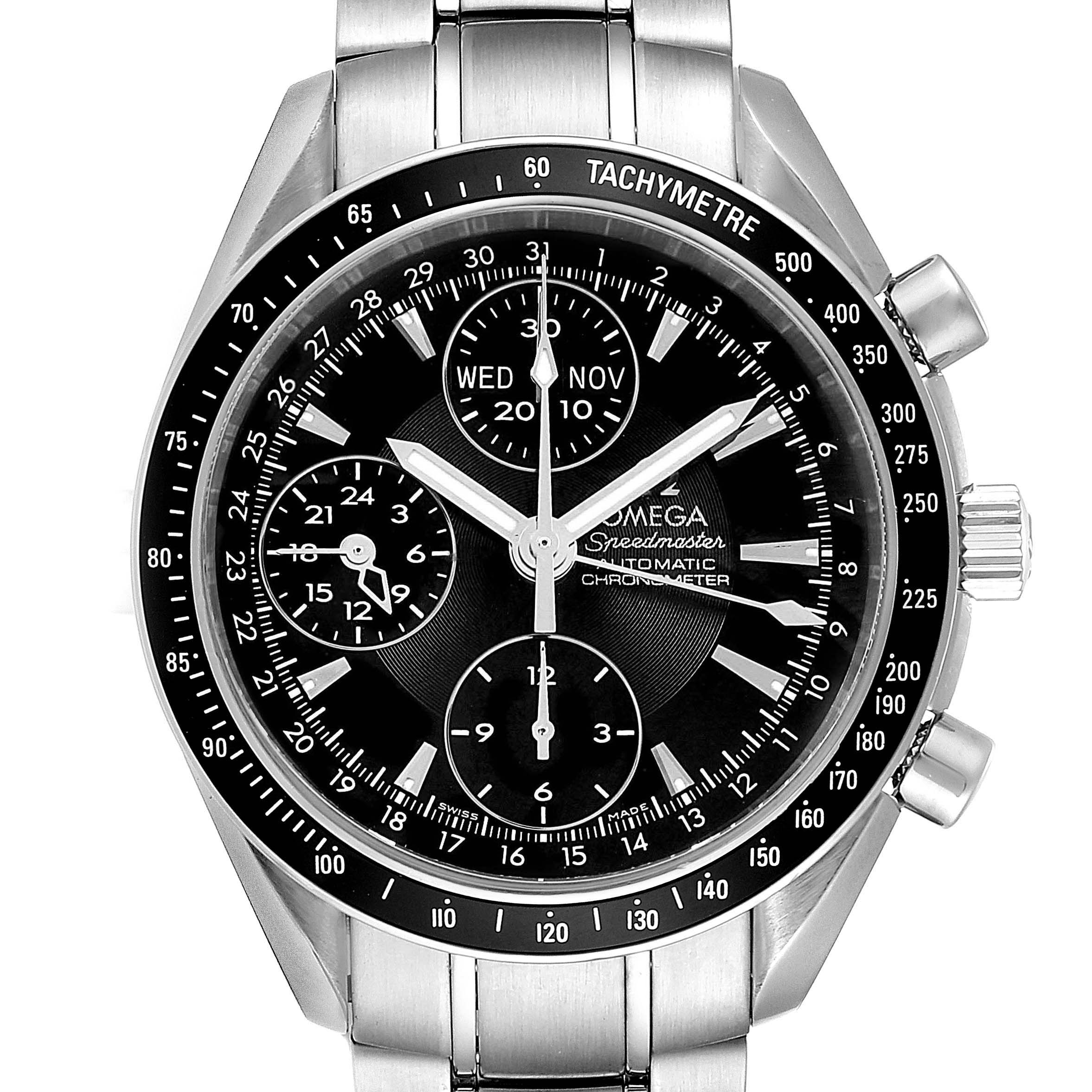 The image shows a front view of the Omega Speedmaster 3220.50.00 Men
s Stainless Steel Black Dial 3220.50.00 Men
s Stainless Steel Black Dial watch, displaying its dial, tachymeter bezel, and metal bracelet.