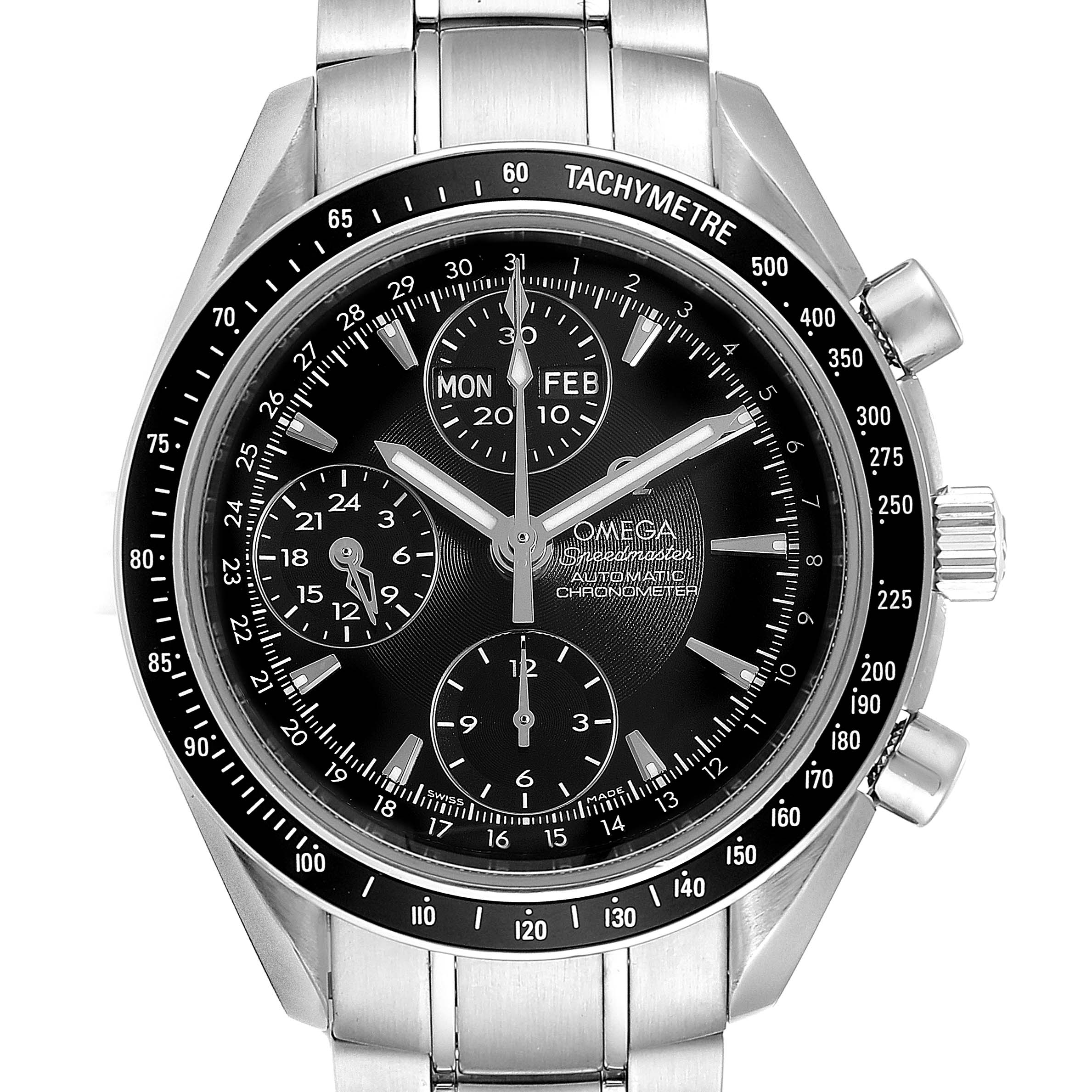 This image shows a front view of an Omega Speedmaster 3220.50.00 Men
s Stainless Steel Black Dial 3220.50.00 Men
s Stainless Steel Black Dial watch, highlighting its chronograph features and tachymeter bezel.
