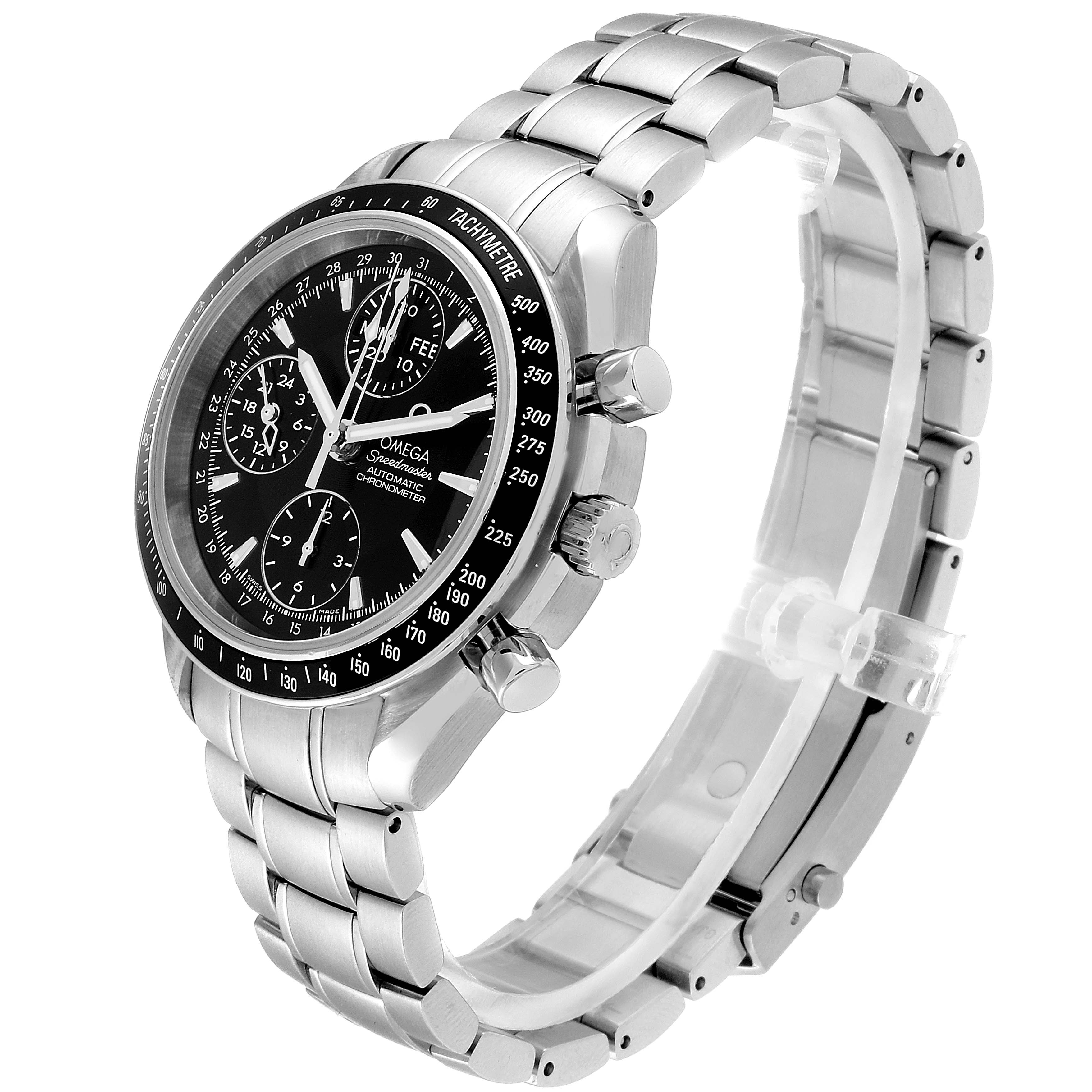 The image shows a side angle of the Omega Speedmaster 3220.50.00 Men
s Stainless Steel Black Dial 3220.50.00 Men
s Stainless Steel Black Dial watch, highlighting the dial, bezel, chronograph buttons, and metal bracelet.