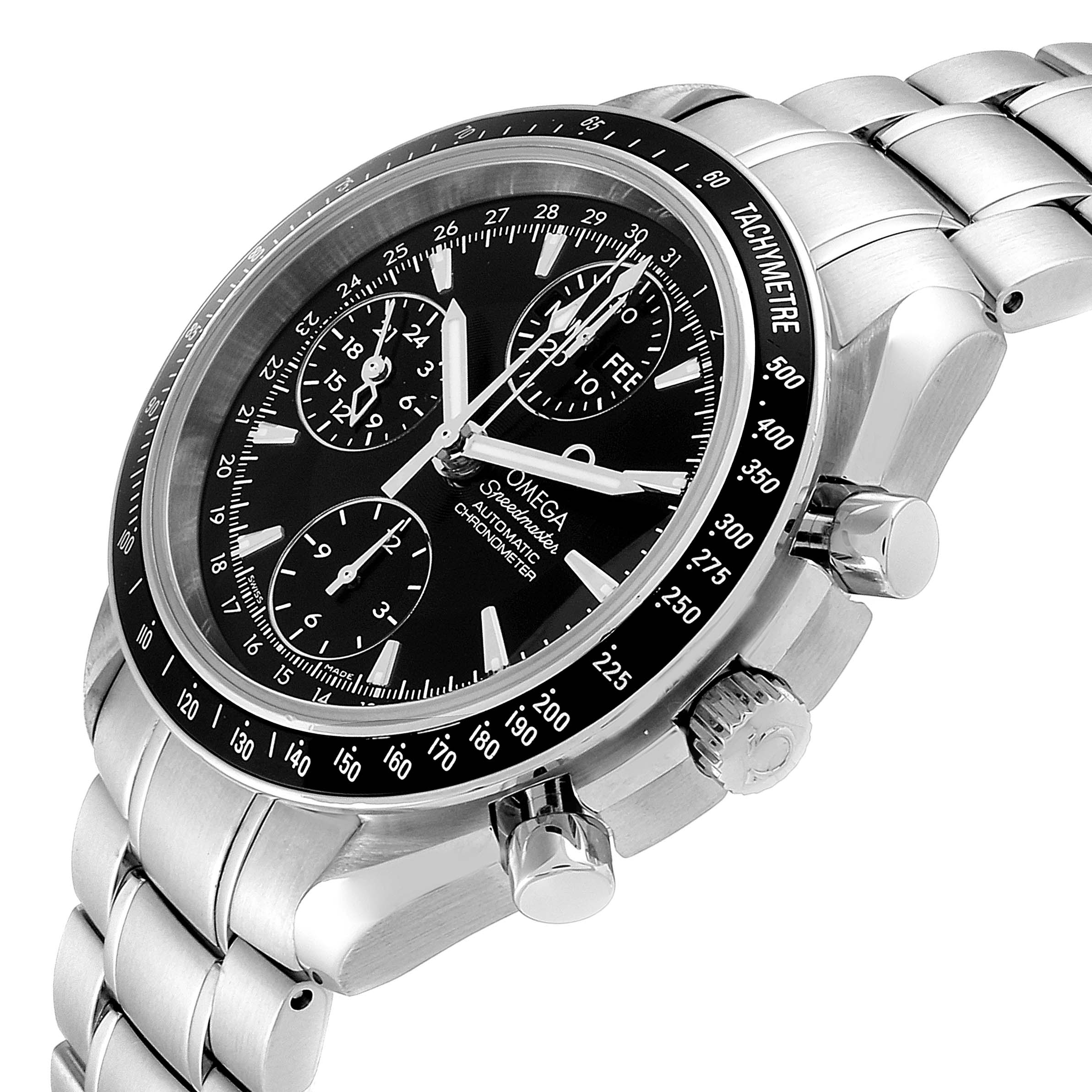 The Omega Speedmaster 3220.50.00 Men
s Stainless Steel Black Dial 3220.50.00 Men
s Stainless Steel Black Dial watch is shown at a slight side angle, highlighting the face, bezel, crown, and metal bracelet.
