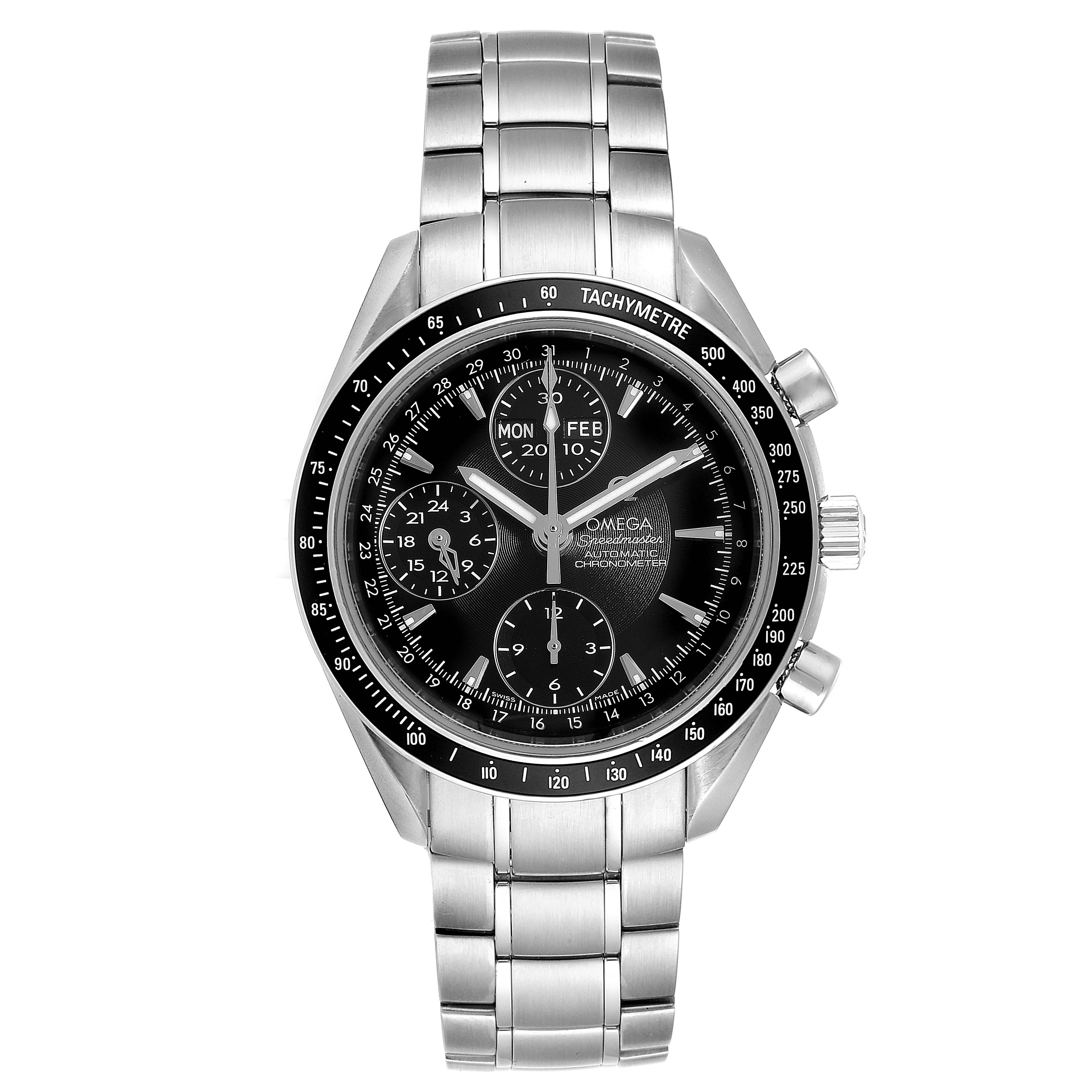 This is a front view of the Omega Speedmaster 3220.50.00 Men
s Stainless Steel Black Dial 3220.50.00 Men
s Stainless Steel Black Dial watch showing its dial, tachymeter bezel, and metal bracelet.