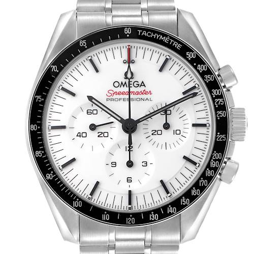 The Omega Speedmaster 310.30.42.50.04.001 Men's Stainless Steel White Dial is shown from a frontal angle, highlighting its dial, bezel, and bracelet.