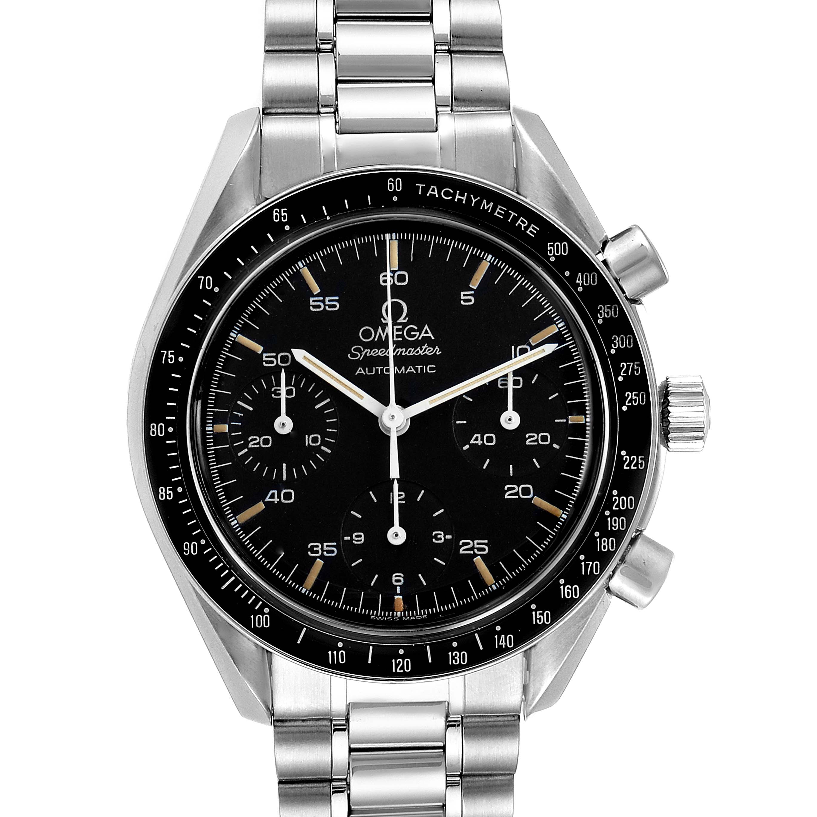 The Omega Speedmaster 3510.50.00 Men's Stainless Steel Black Dial 3510.50.00 Men's Stainless Steel Black Dial watch is shown from the front, displaying its dial, tachymeter bezel, and stainless steel bracelet.