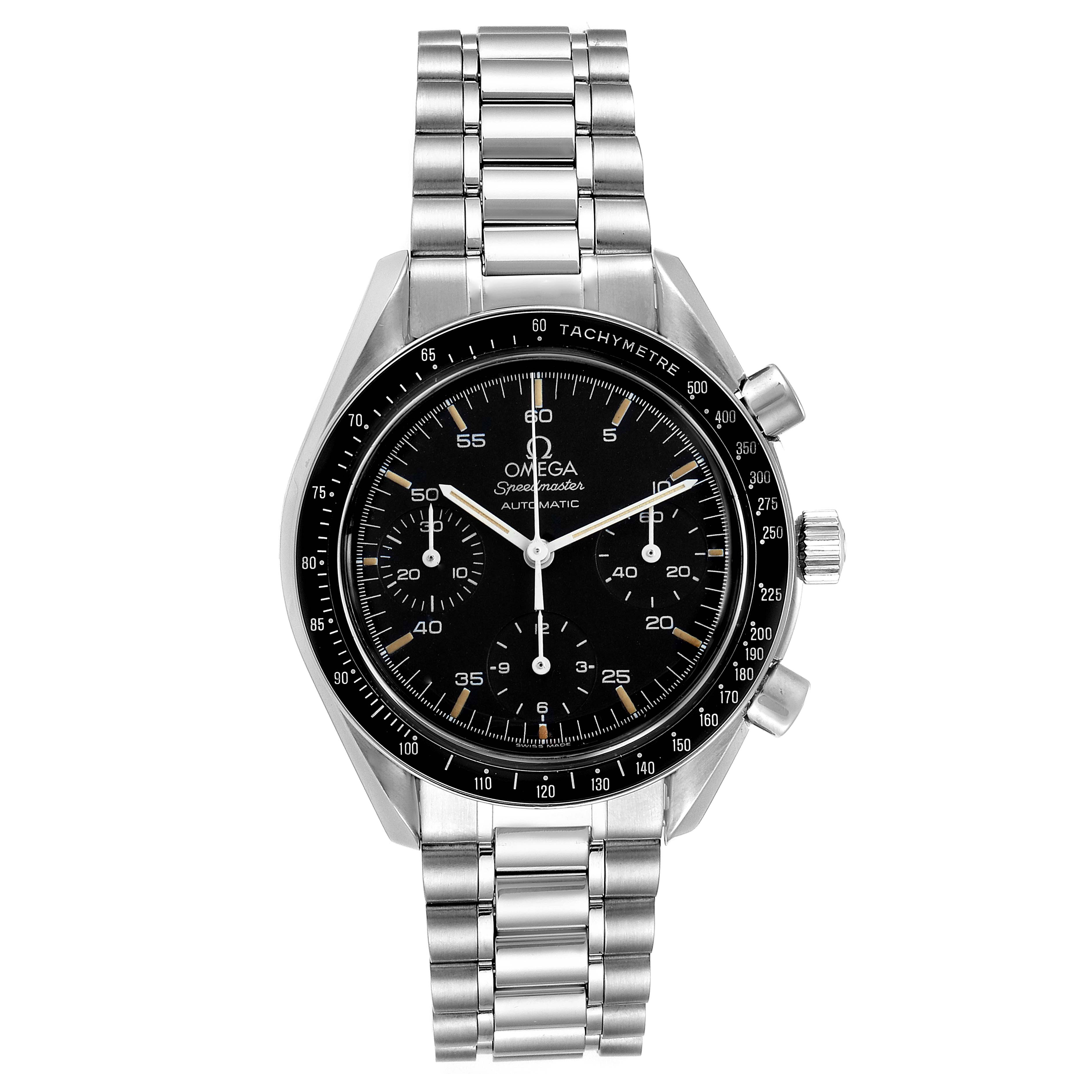 The image shows a front view of an Omega Speedmaster 3510.50.00 Men's Stainless Steel Black Dial 3510.50.00 Men's Stainless Steel Black Dial watch with a black dial and stainless steel bracelet.