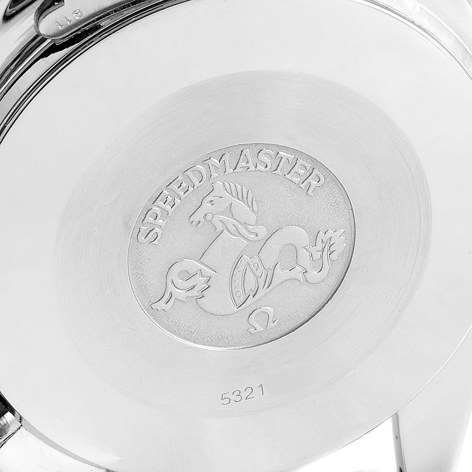 The image shows the back case of an Omega Speedmaster 3510.50.00 Men's Stainless Steel Black Dial 3510.50.00 Men's Stainless Steel Black Dial watch, featuring the engraved logo and model name.