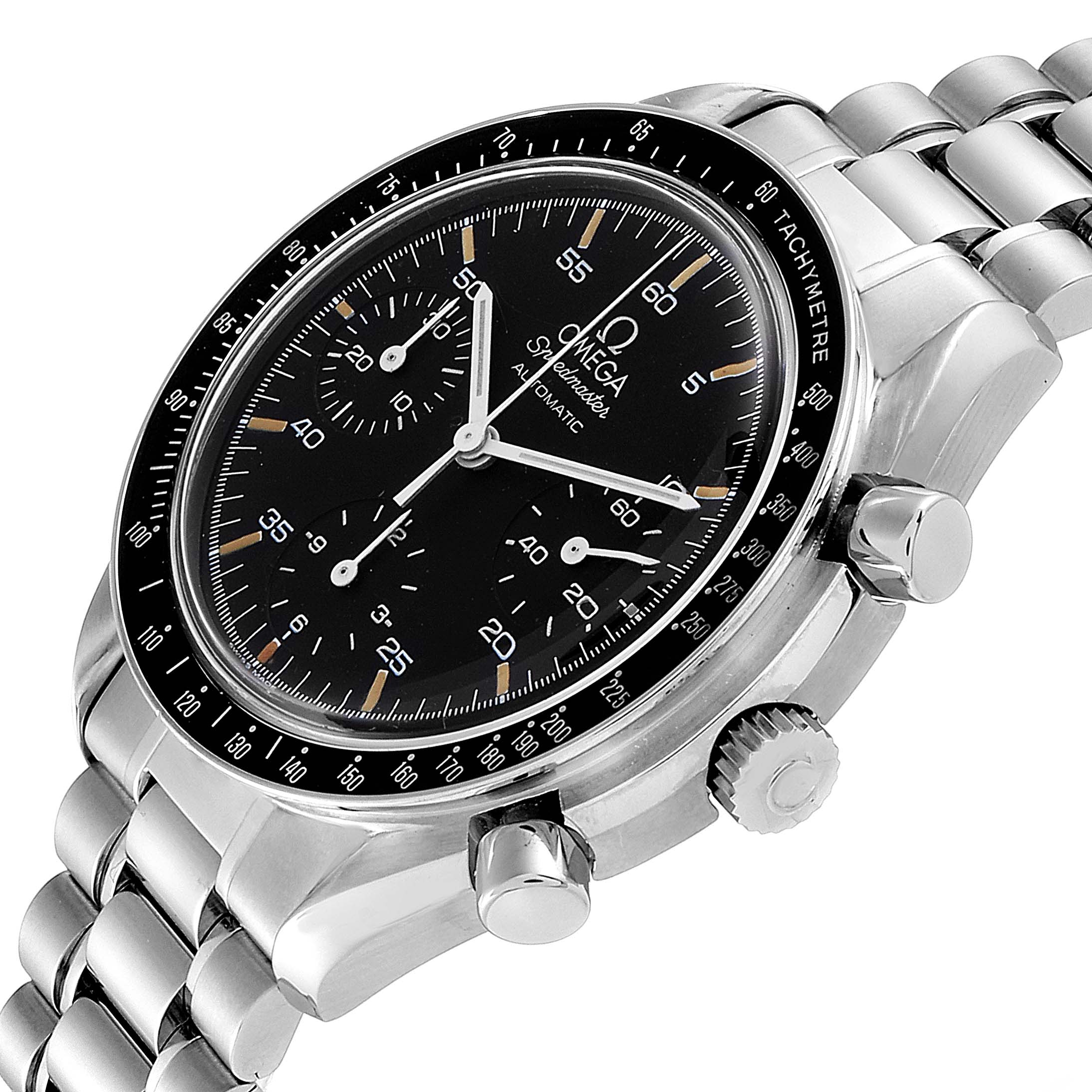 The Omega Speedmaster 3510.50.00 Men's Stainless Steel Black Dial 3510.50.00 Men's Stainless Steel Black Dial watch is shown at a three-quarter angle, highlighting its dial, bezel, crown, pushers, and bracelet.
