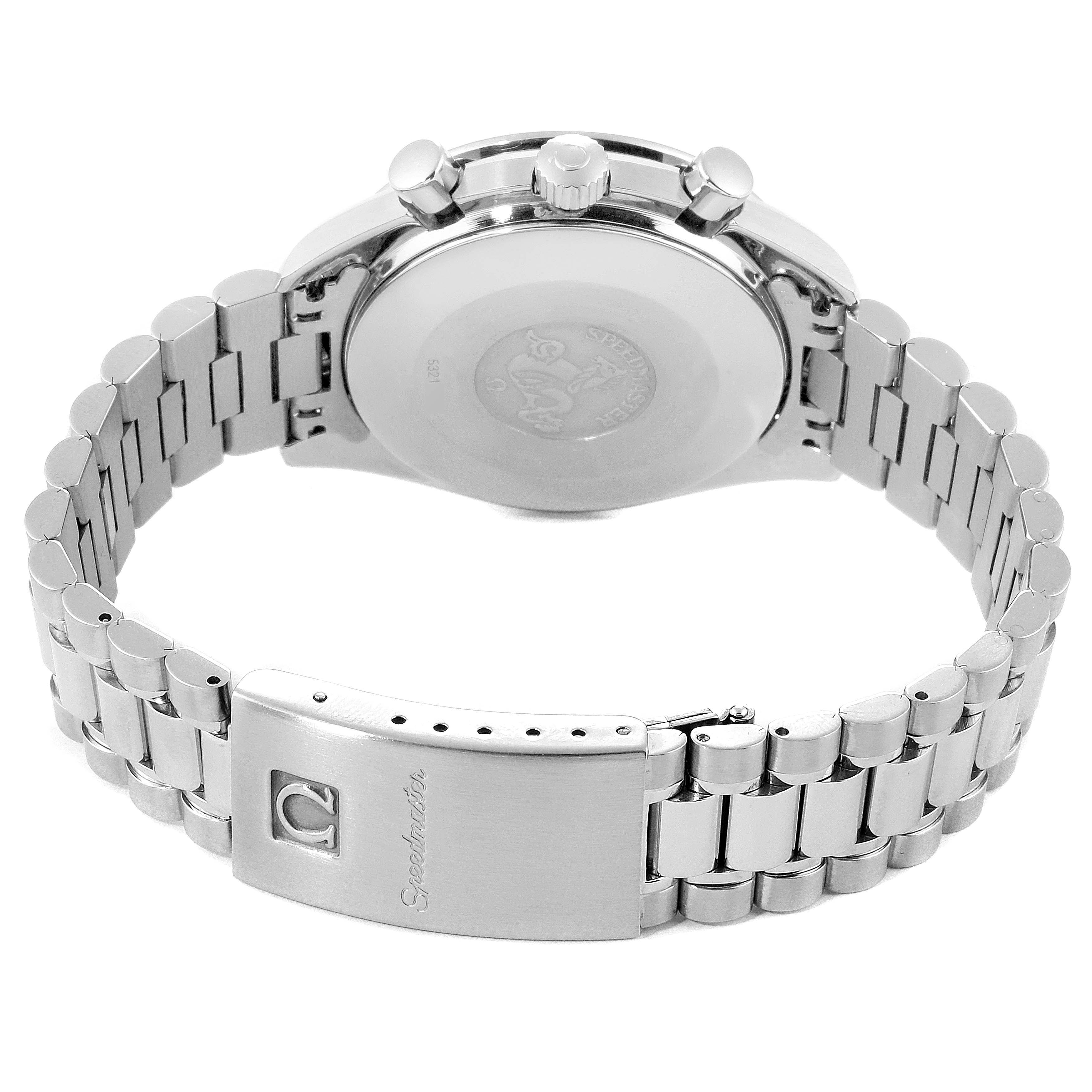 The image shows the back and bracelet clasp of an Omega Speedmaster 3510.50.00 Men's Stainless Steel Black Dial 3510.50.00 Men's Stainless Steel Black Dial watch from a low rear angle.