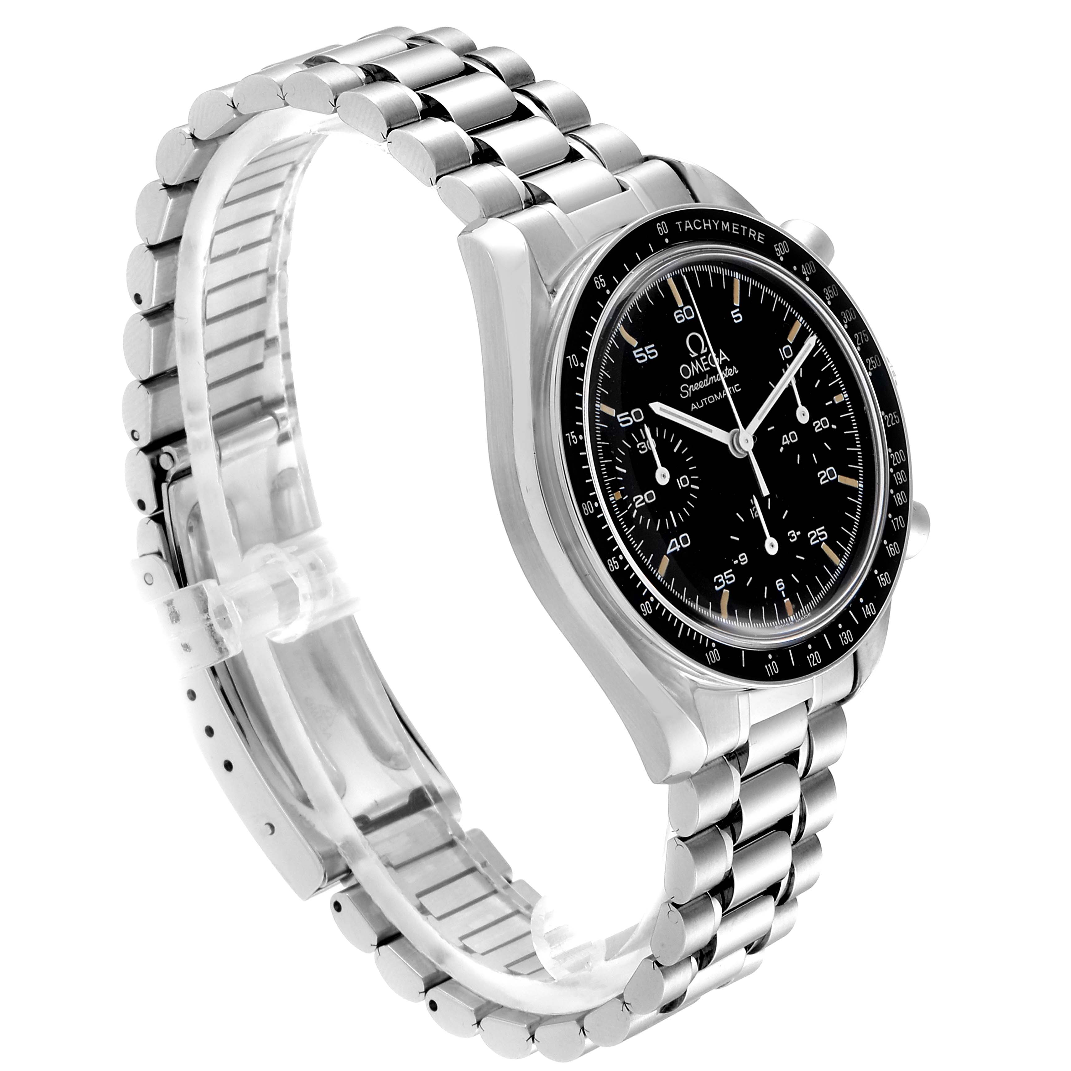 The image shows a side view of the Omega Speedmaster 3510.50.00 Men's Stainless Steel Black Dial 3510.50.00 Men's Stainless Steel Black Dial watch, displaying its stainless steel case, bracelet, and black dial.