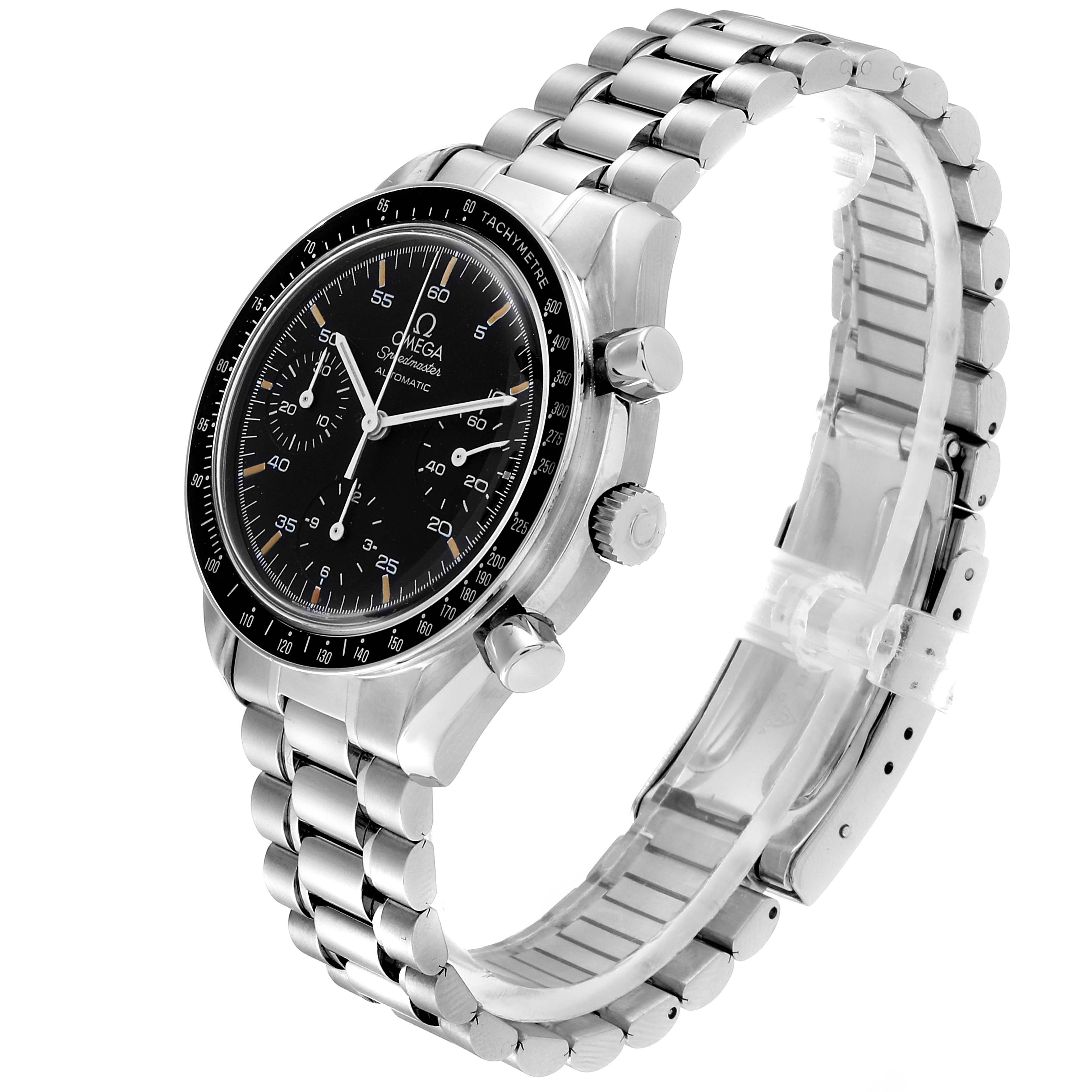 The image displays an Omega Speedmaster 3510.50.00 Men's Stainless Steel Black Dial 3510.50.00 Men's Stainless Steel Black Dial watch at a slight side angle, showing the dial, bezel, pushers, crown, and metal bracelet.