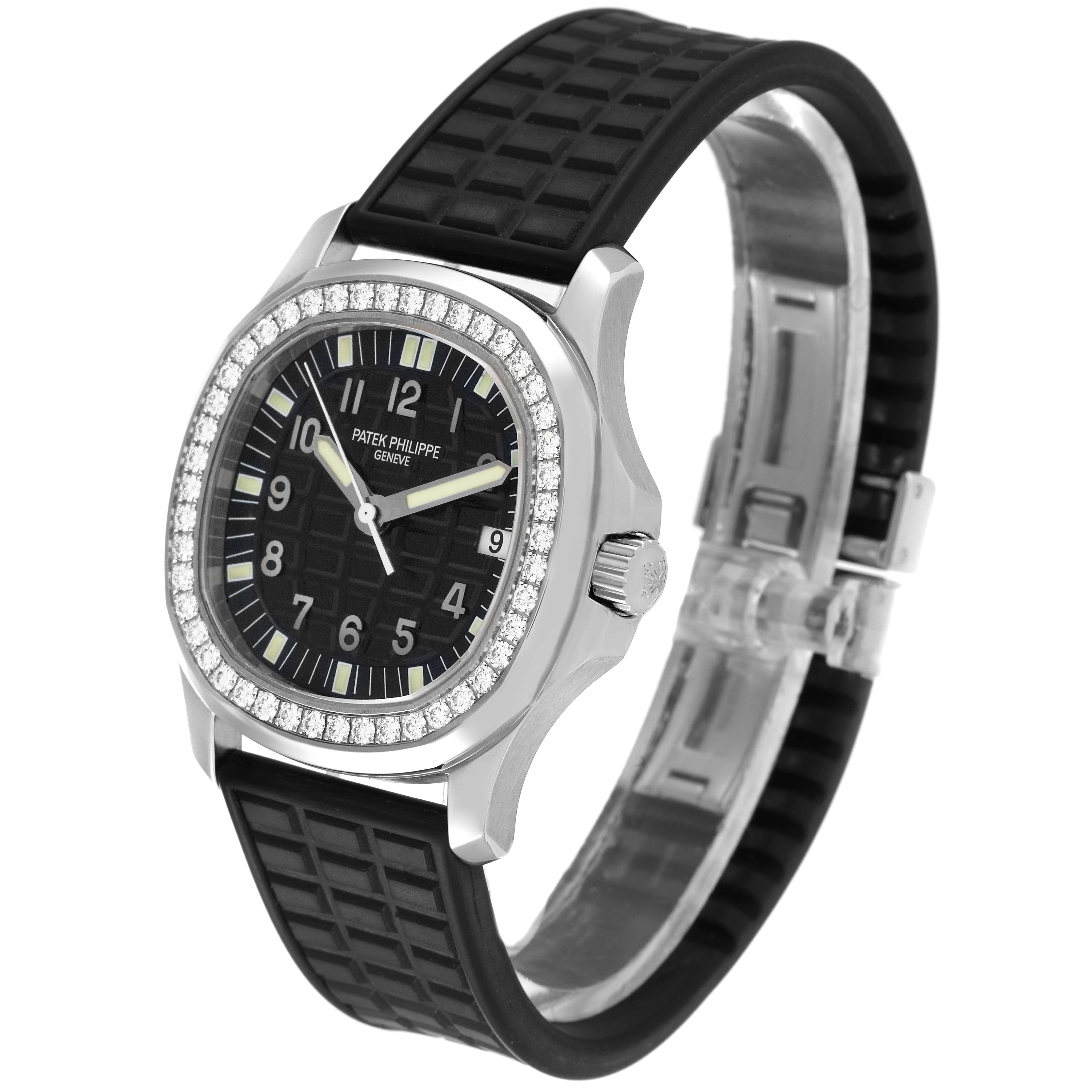 The Patek Philippe Aquanaut 5067A-014 Women
s Stainless Steel Black Dial watch is shown at a three-quarter angle highlighting the dial, bezel, and strap.