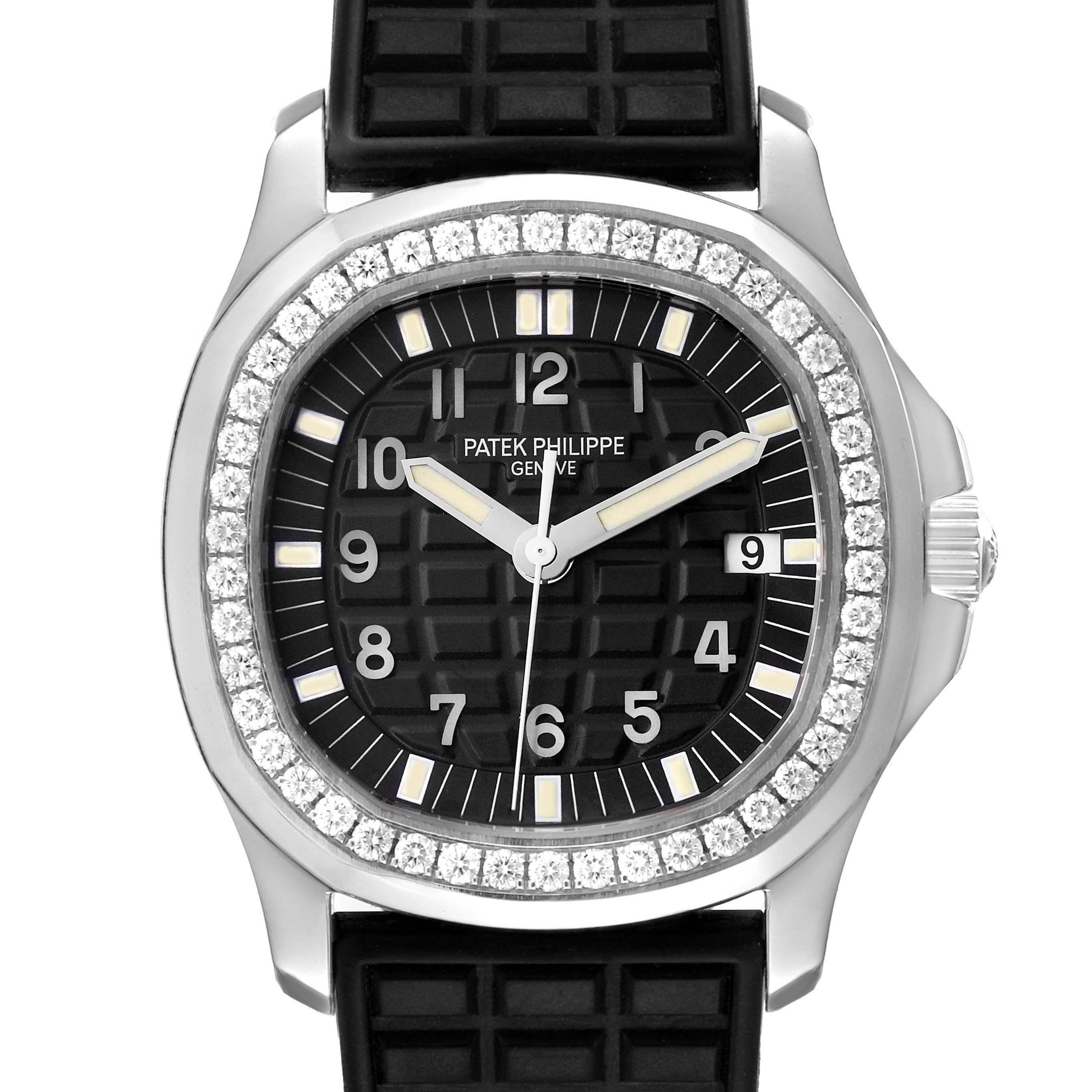 The Patek Philippe Aquanaut 5067A-014 Women
s Stainless Steel Black Dial is shown from a front view, featuring its diamond bezel, black dial, and rubber strap.