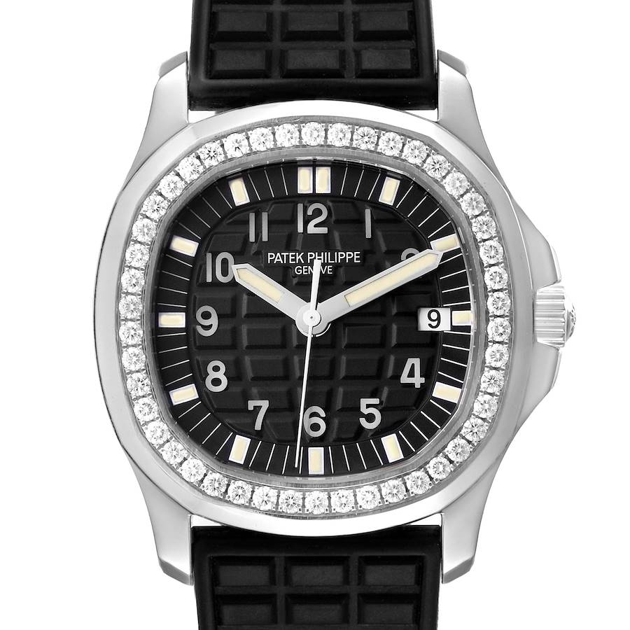 The Patek Philippe Aquanaut 5067A-014 Women's Stainless Steel Black Dial is shown from a front view, featuring its diamond bezel, black dial, and rubber strap.