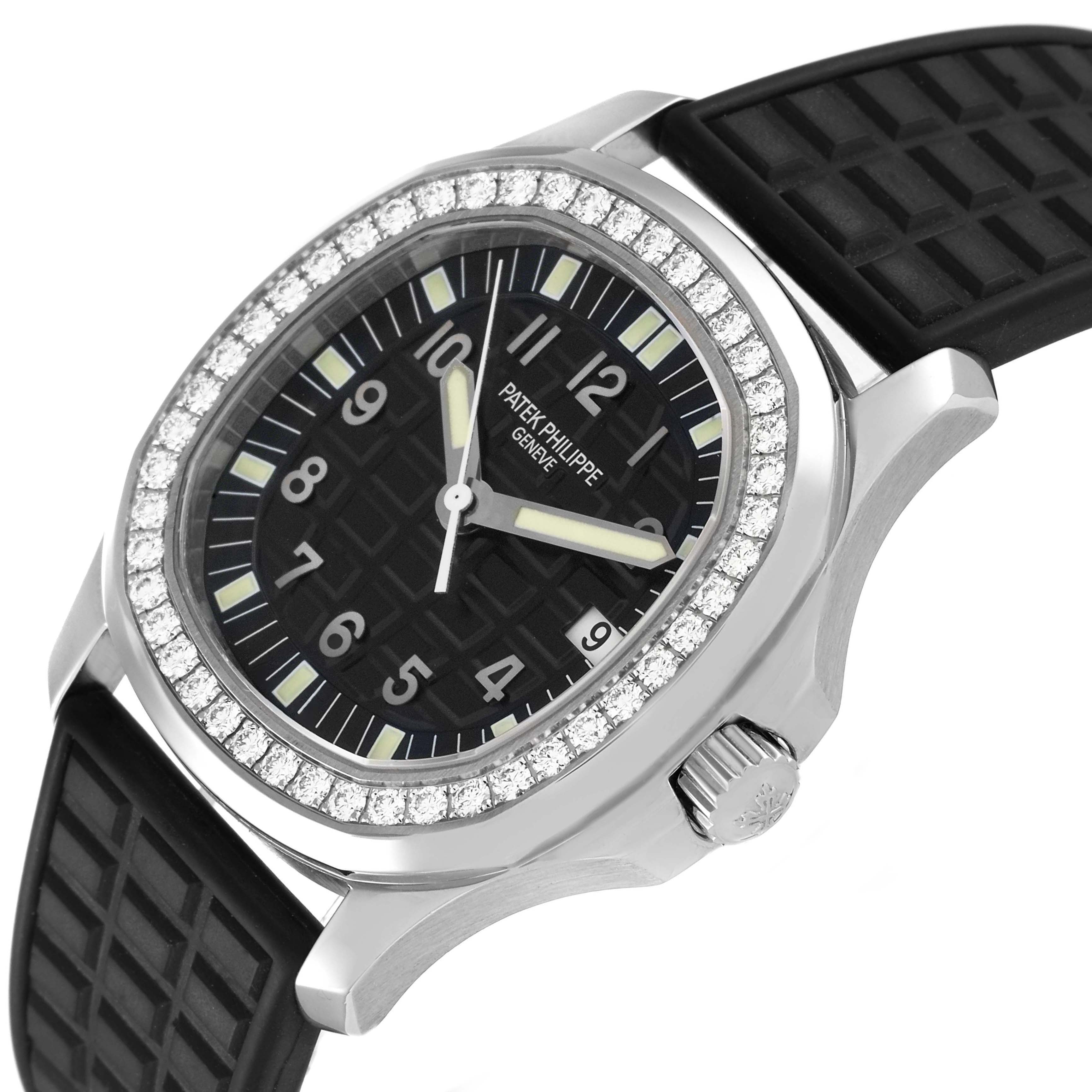 The image shows a Patek Philippe Aquanaut 5067A-014 Women
s Stainless Steel Black Dial watch at a three-quarter angle, highlighting the dial, bezel, and crown.