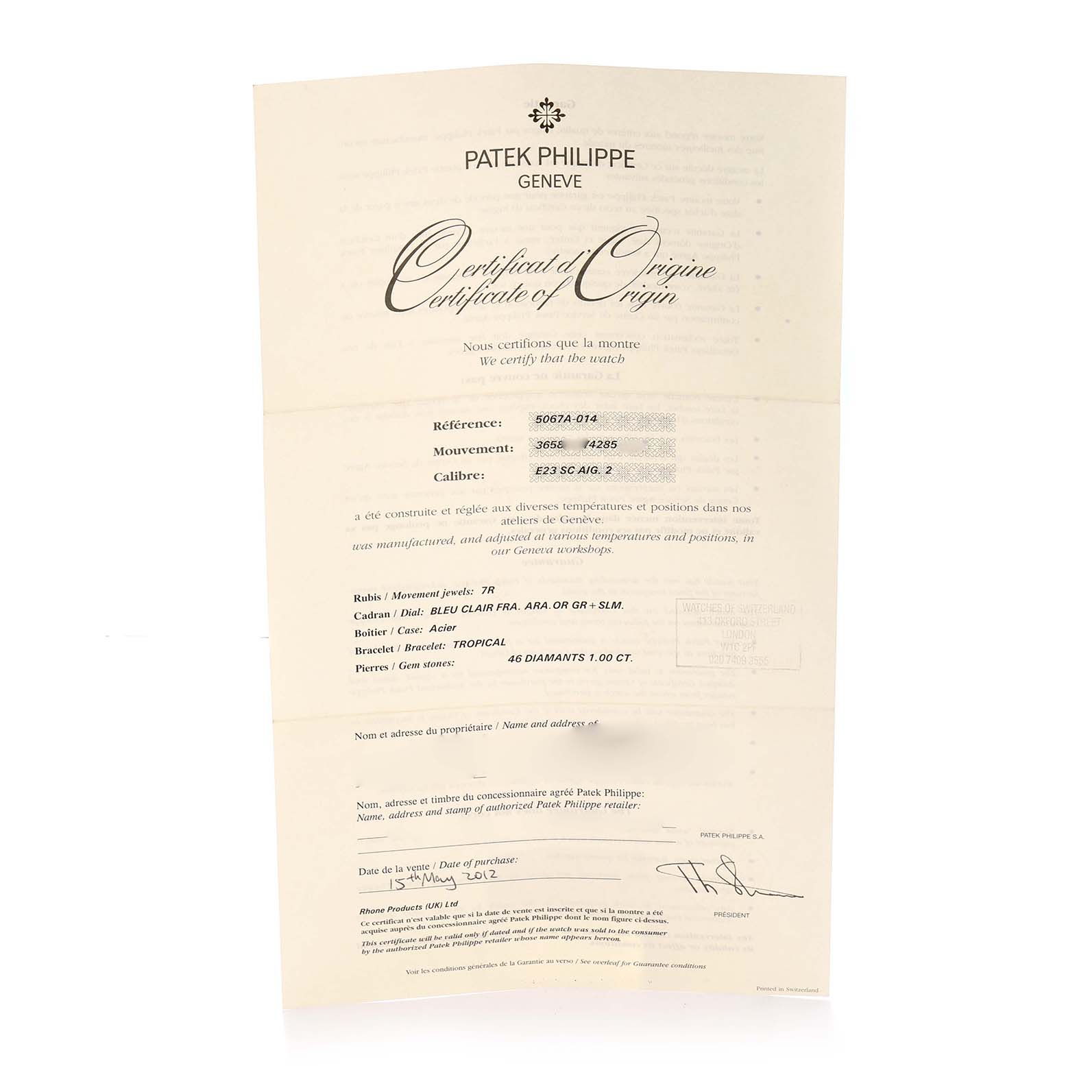 The image shows a Certificate of Origin for a Patek Philippe Aquanaut 5067A-014 Women
s Stainless Steel Black Dial watch, displaying watch details and signatures.