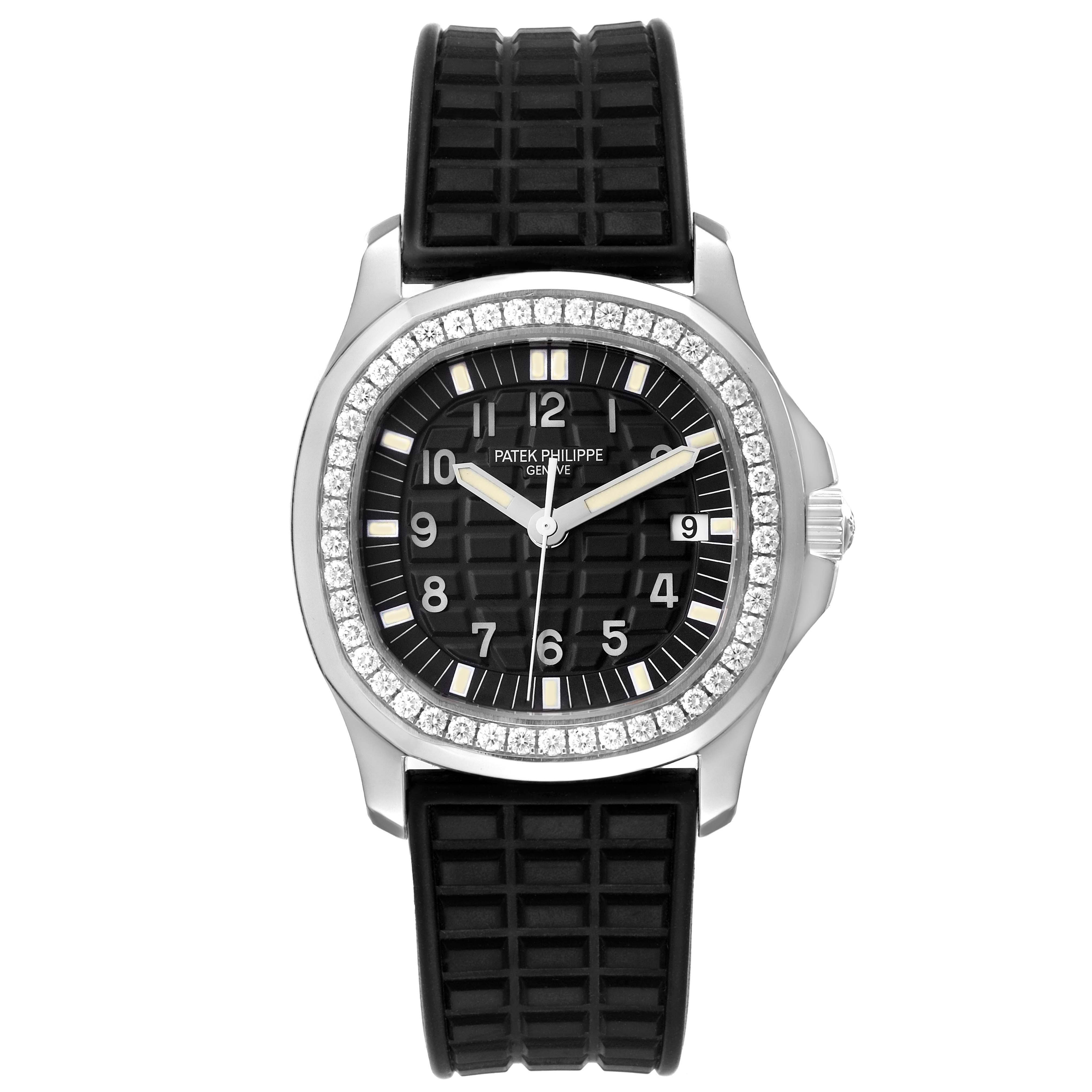 The Patek Philippe Aquanaut 5067A-014 Women
s Stainless Steel Black Dial watch is shown from the front, highlighting its dial, bezel, and strap.