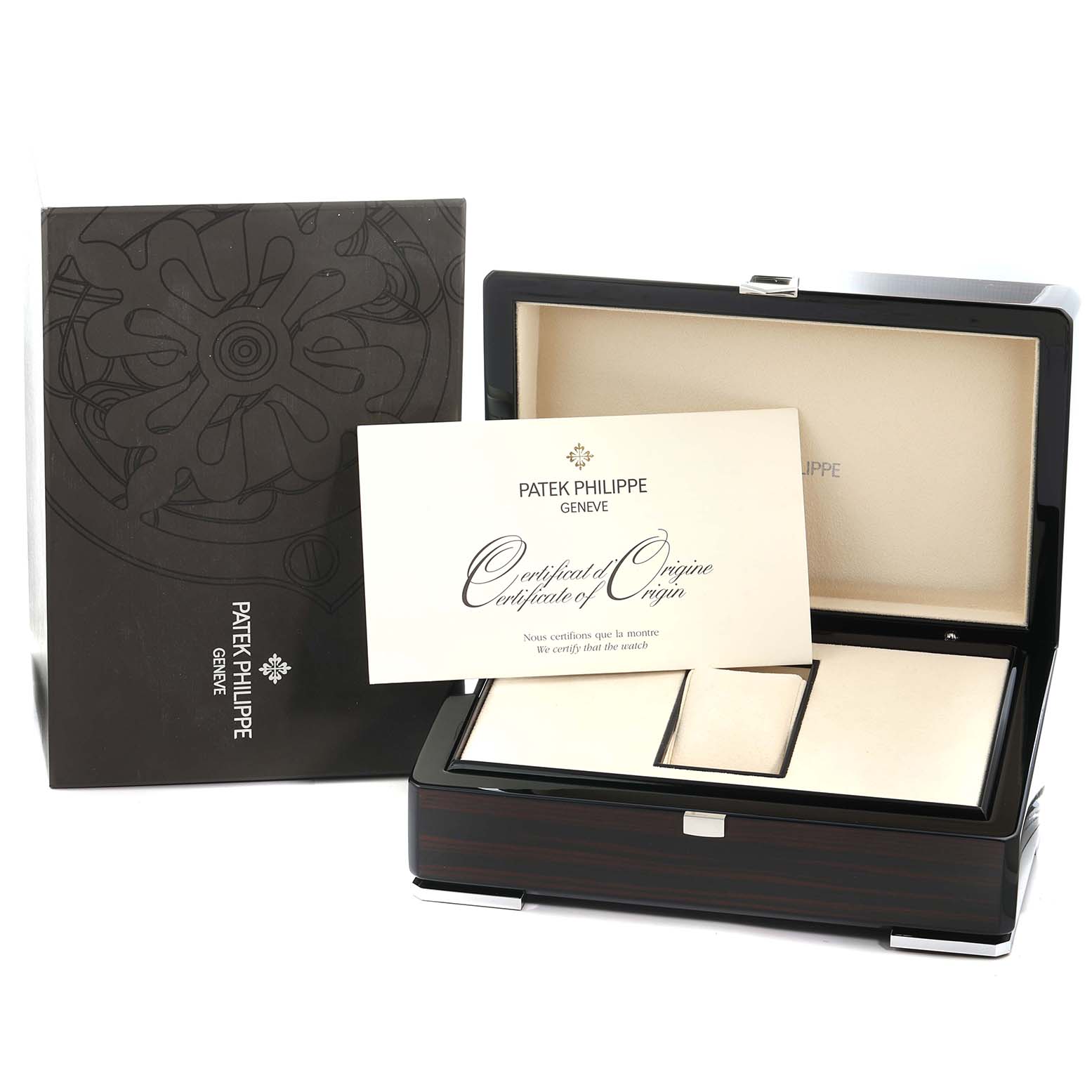 The image shows the Patek Philippe Aquanaut 5067A-014 Women
s Stainless Steel Black Dial watch box, certificate of origin, and outer packaging, viewed from the front.
