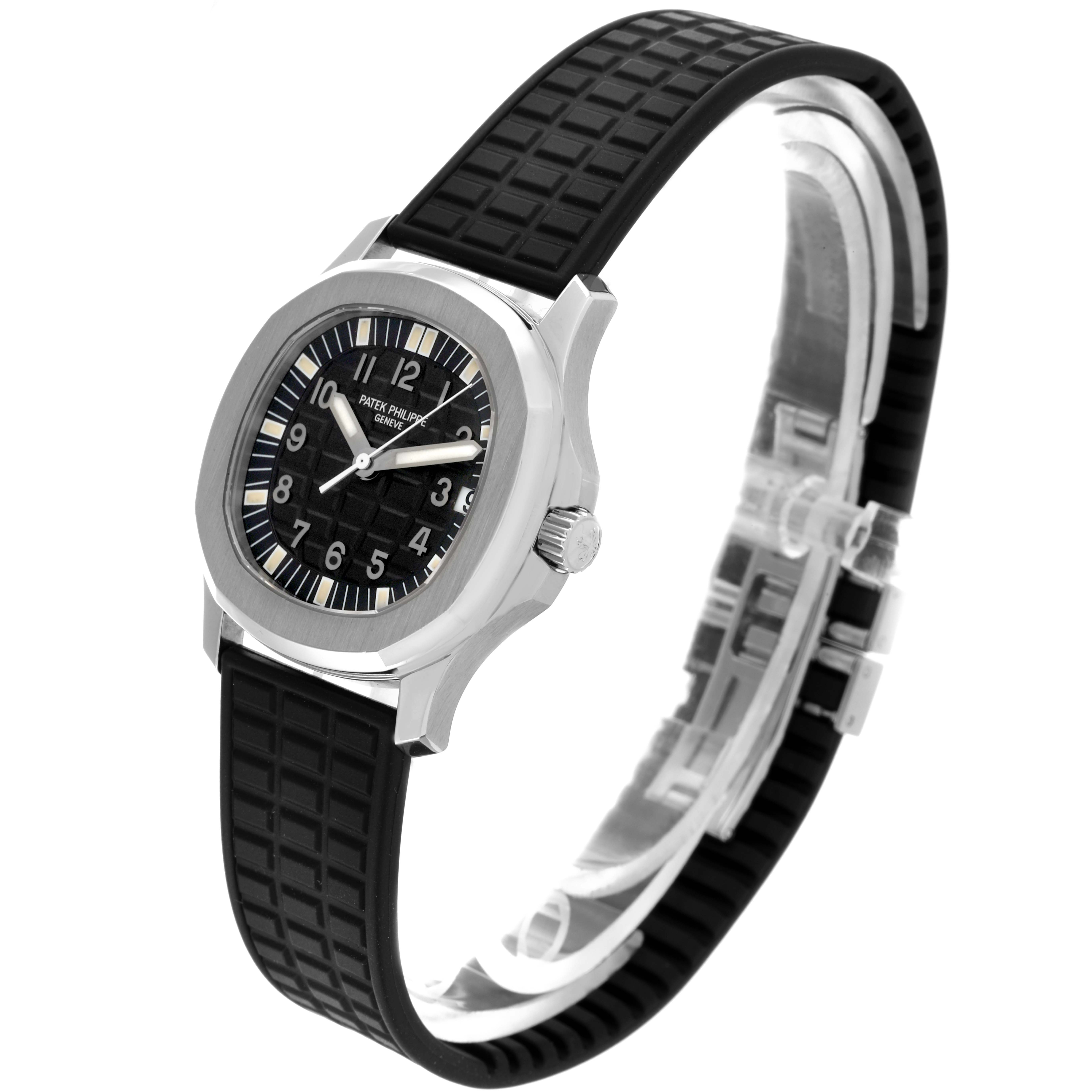 The Patek Philippe Aquanaut 5066A Men
s Stainless Steel Black Dial watch is shown at a three-quarter angle, highlighting the dial, case, and black rubber strap.