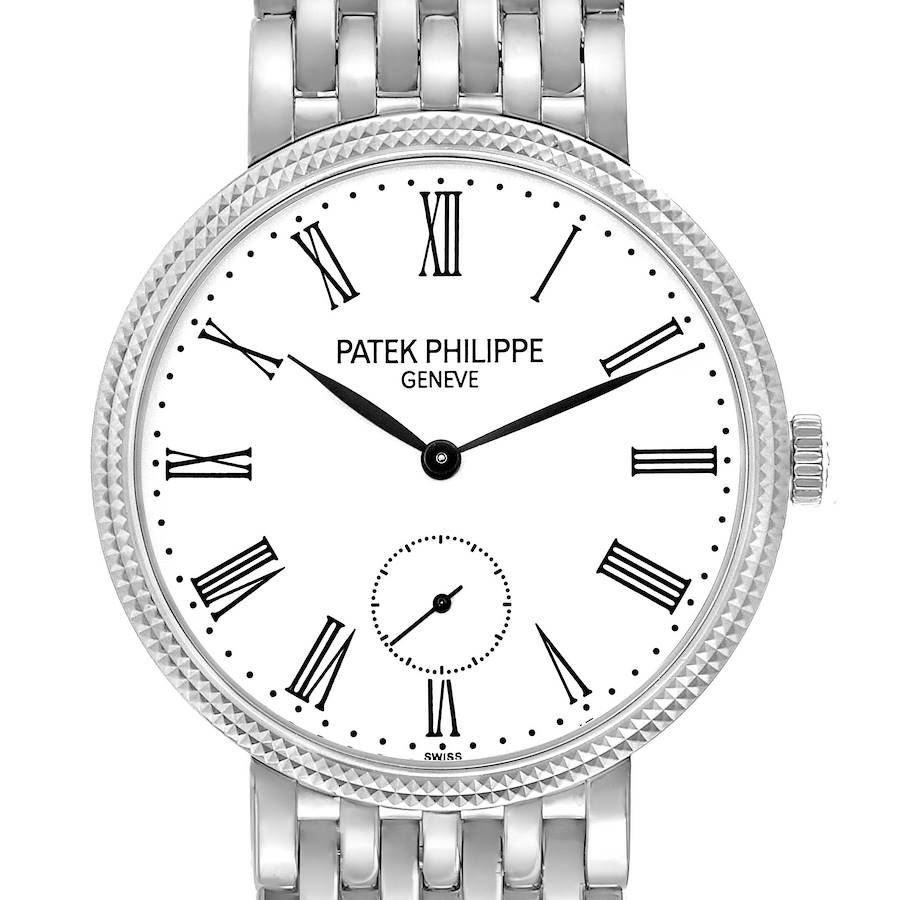 The Patek Philippe Calatrava 7119G Women's White Gold White Dial watch is shown from the front, displaying its face, bezel, and partial bracelet.