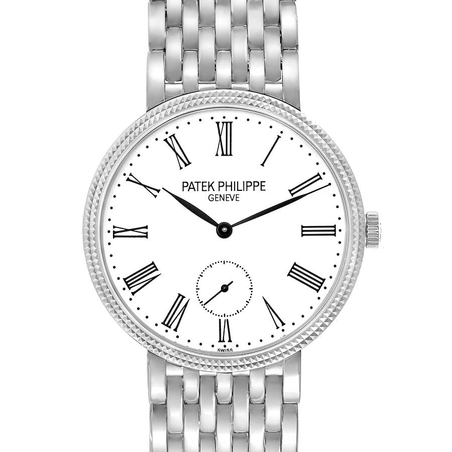 The Patek Philippe Calatrava 7119G Women
s White Gold White Dial watch is shown from a front angle, displaying the face with Roman numerals and a metal bracelet.