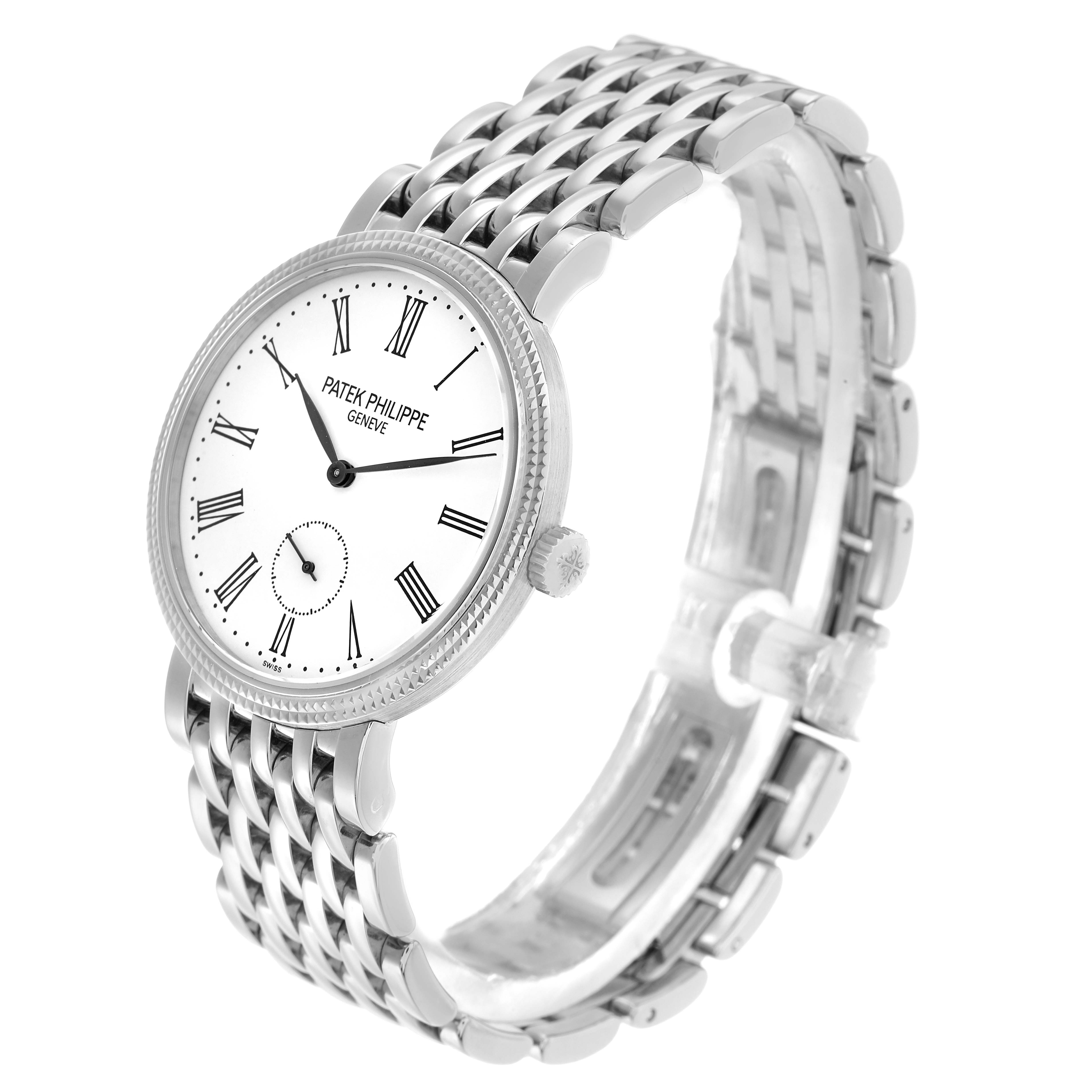 The image shows a Patek Philippe Calatrava 7119G Women
s White Gold White Dial watch angled to display the face, side, and bracelet.