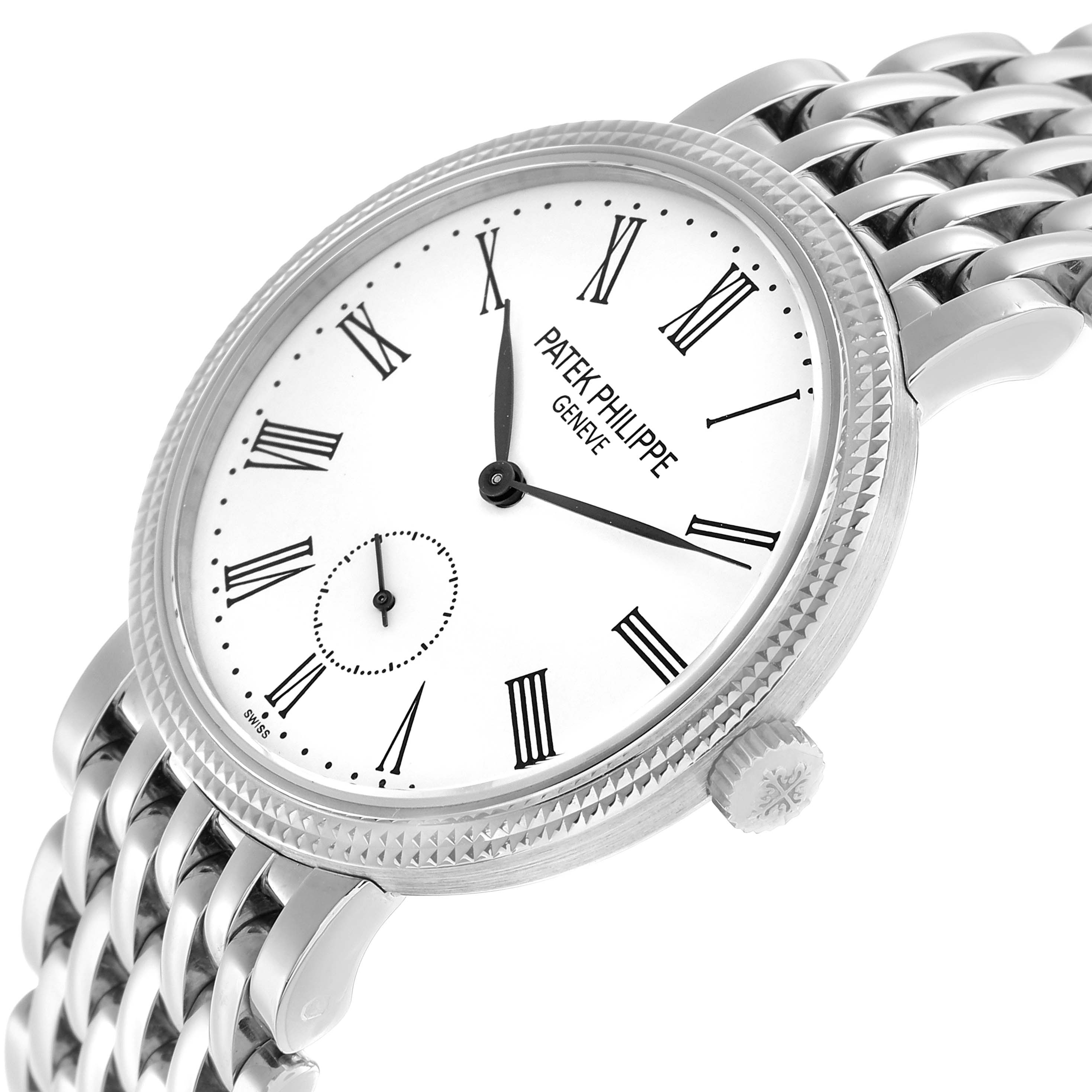 The Patek Philippe Calatrava 7119G Women
s White Gold White Dial watch is shown at an angle, featuring its white dial, Roman numerals, and stainless steel bracelet.