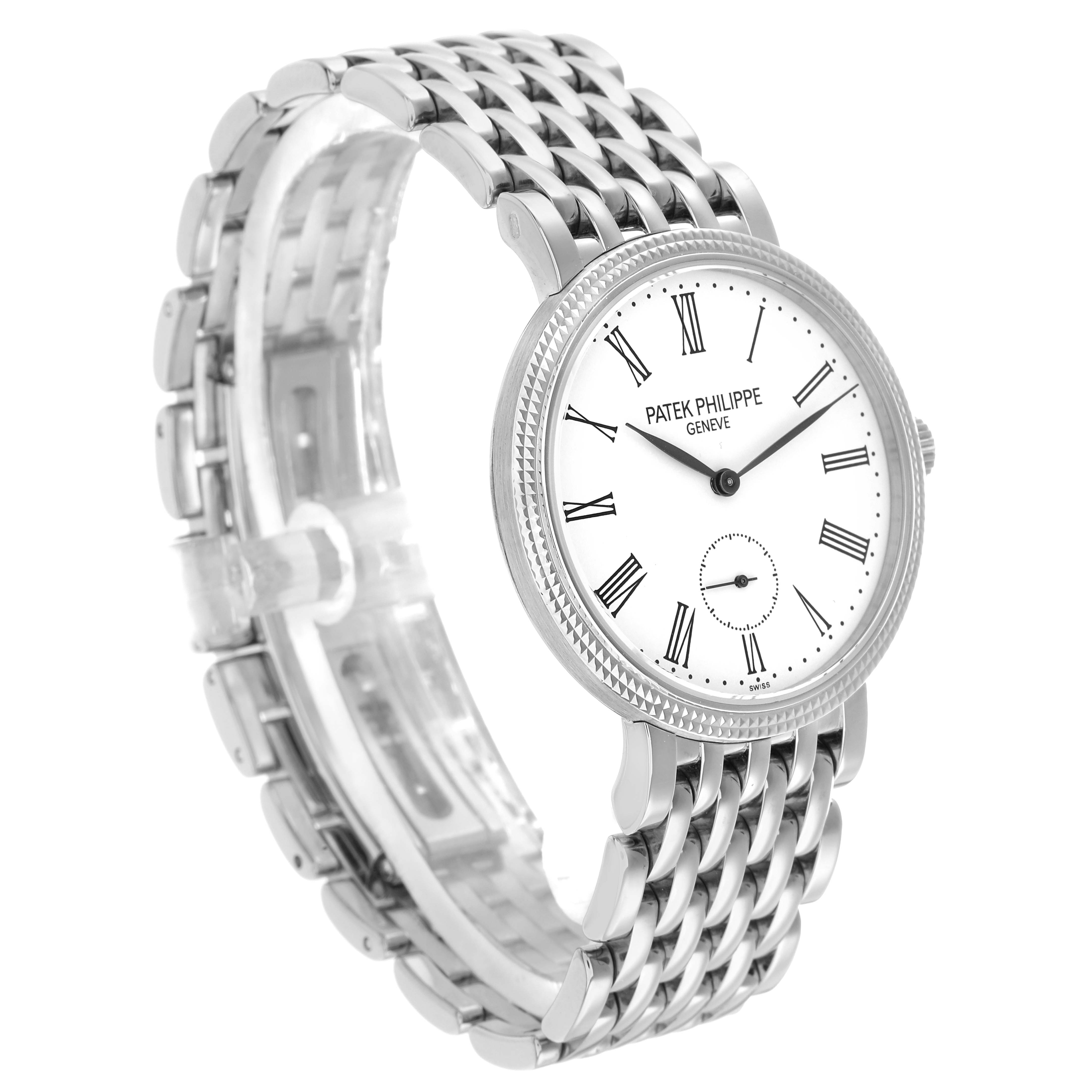 The Patek Philippe Calatrava 7119G Women
s White Gold White Dial watch is shown at an angled view highlighting the face, Roman numerals, and metal bracelet.