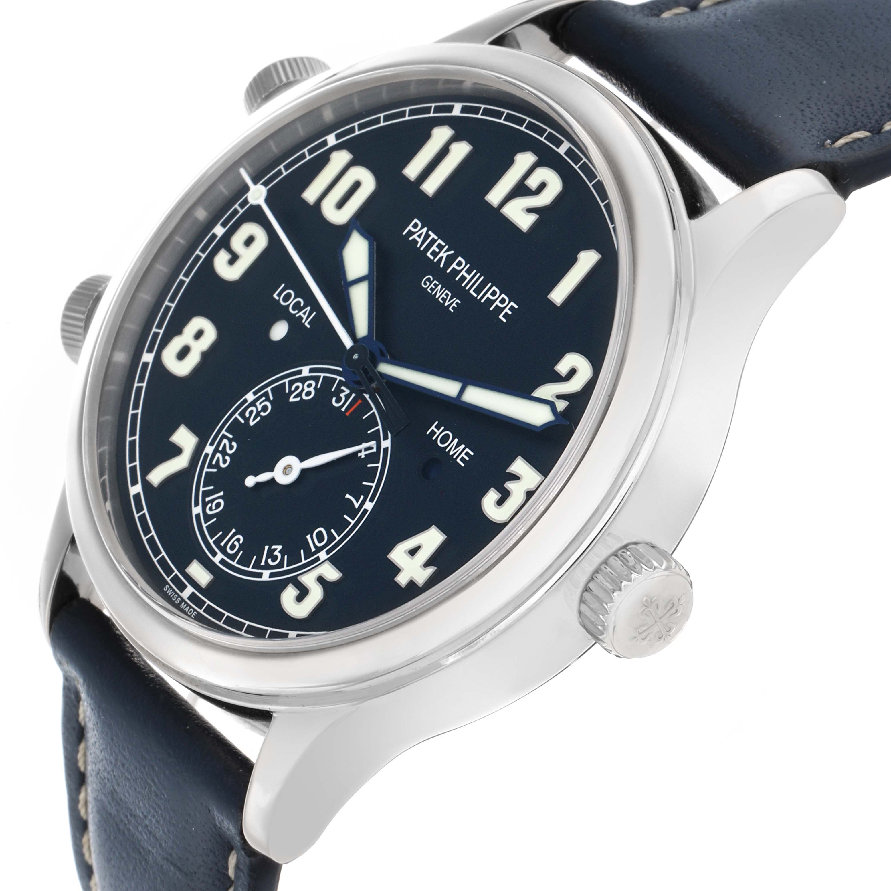 The image shows a Patek Philippe Calatrava 5524G Men
s White Gold Blue Dial watch from a side angle, highlighting its dial, case, crown, and leather strap.