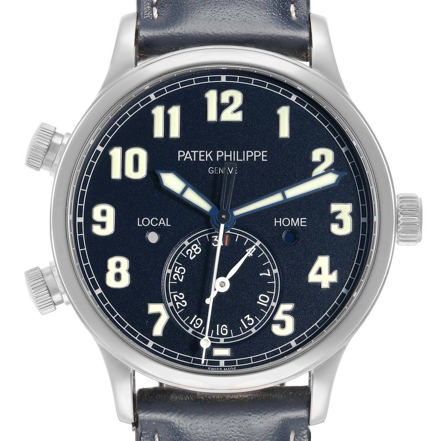 The Patek Philippe Calatrava 5524G Men's White Gold Blue Dial watch is shown from a front view, highlighting its face, numerals, hands, and case.