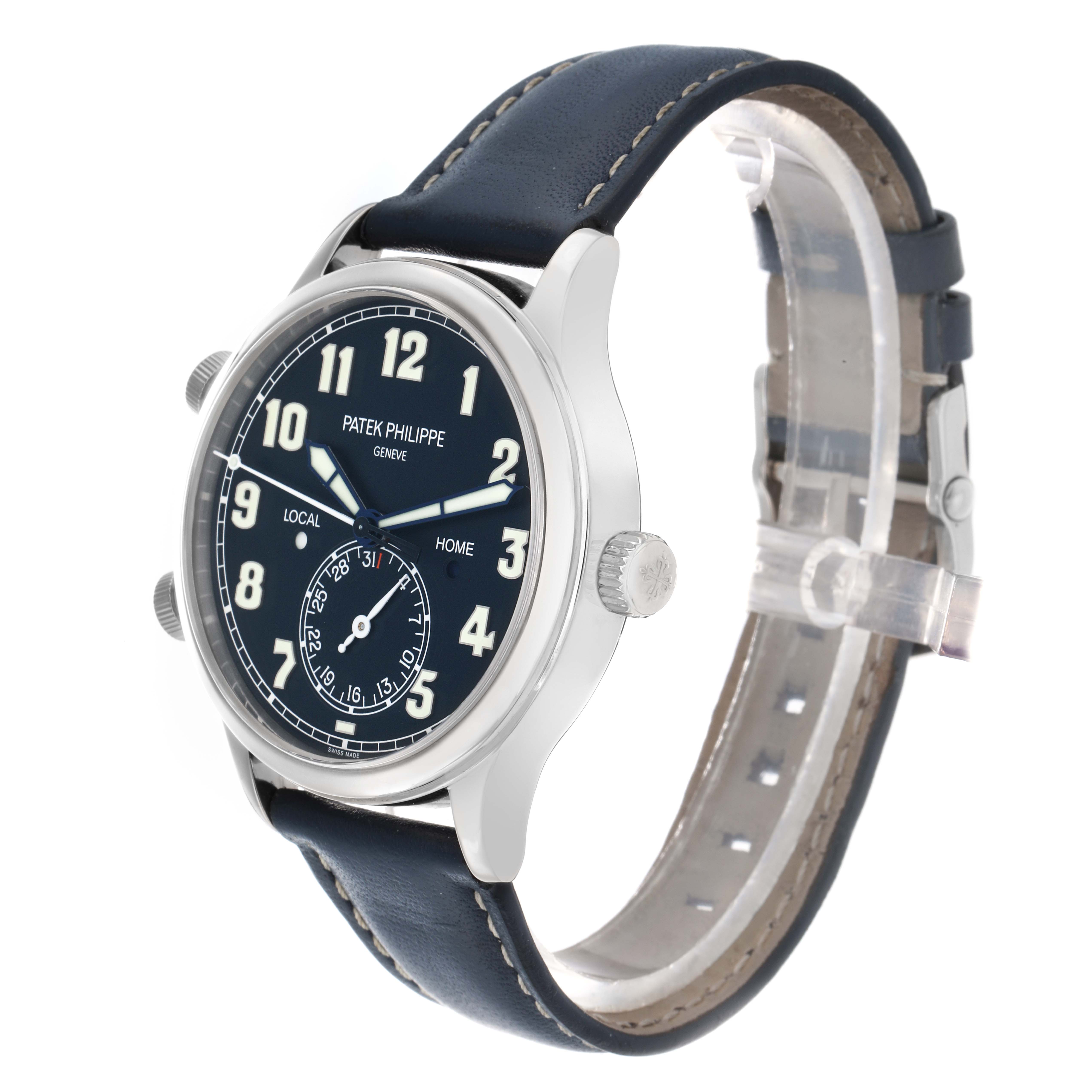 The Patek Philippe Calatrava 5524G Men
s White Gold Blue Dial watch is shown at a three-quarter angle, displaying the dial, bezel, crown, and leather strap.