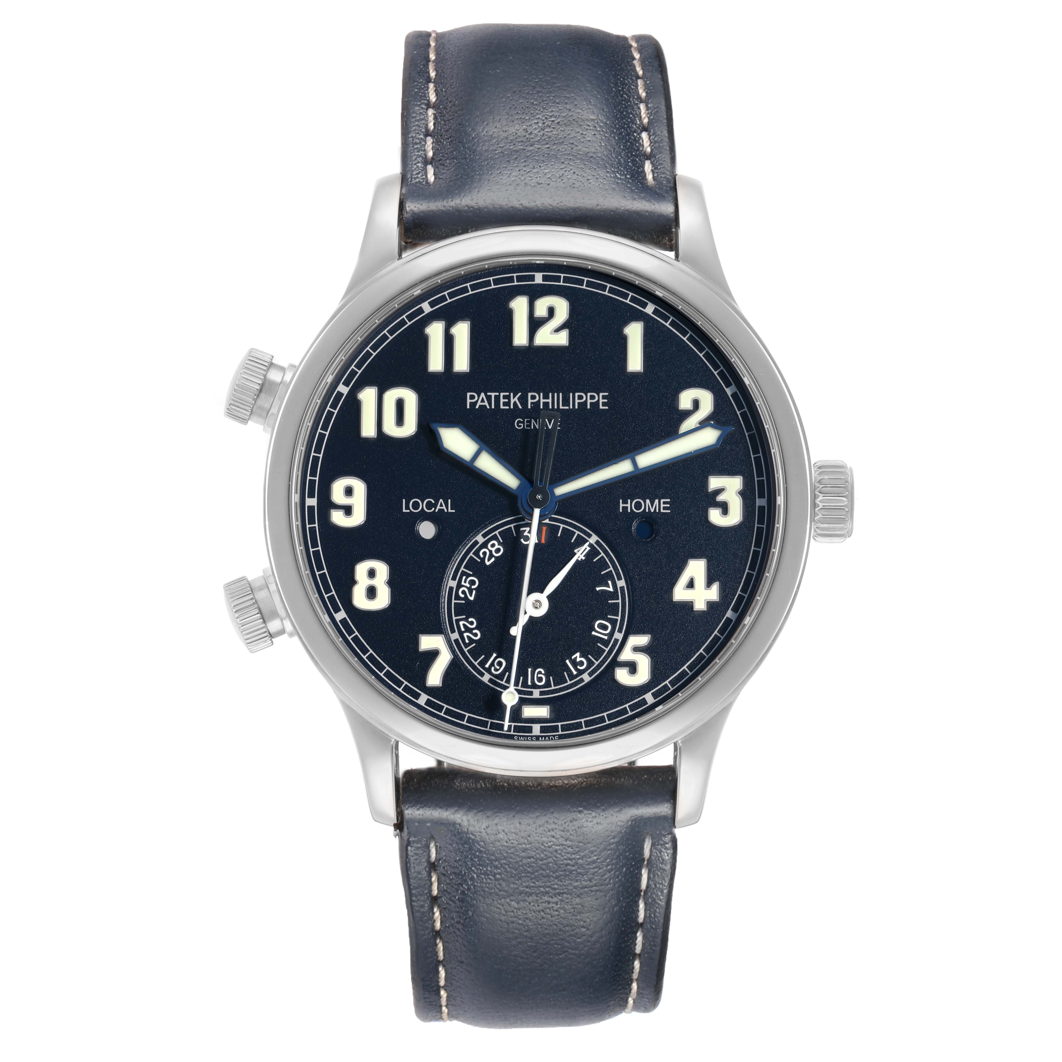 The Patek Philippe Calatrava 5524G Men
s White Gold Blue Dial watch is shown from a front angle, displaying the dial, hands, numerals, and leather strap.