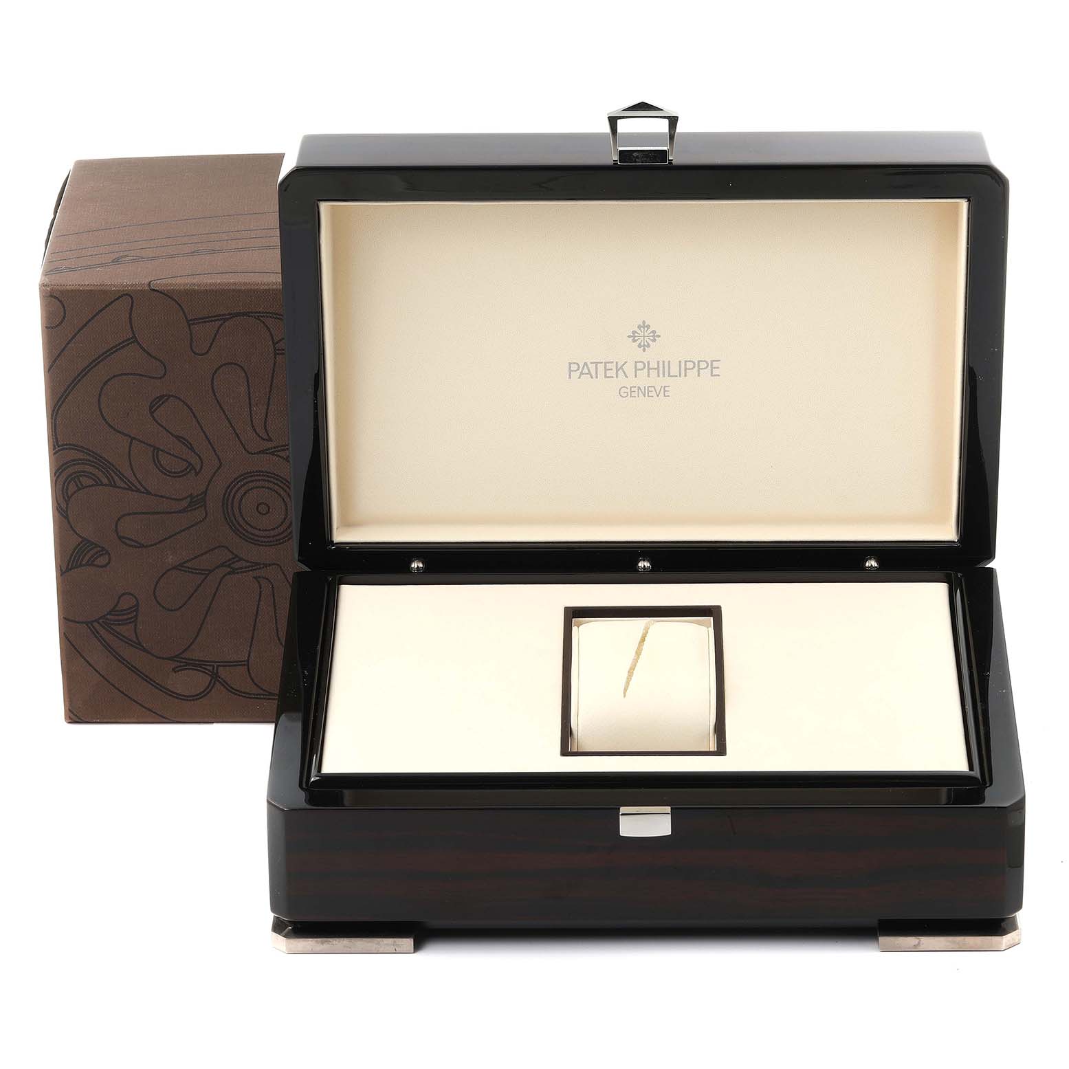 The image shows an open Patek Philippe Calatrava 4978 Women's White Gold Silver Dial 4978 Women's White Gold Silver Dial watch box from a frontal angle with a cushion for holding the watch.