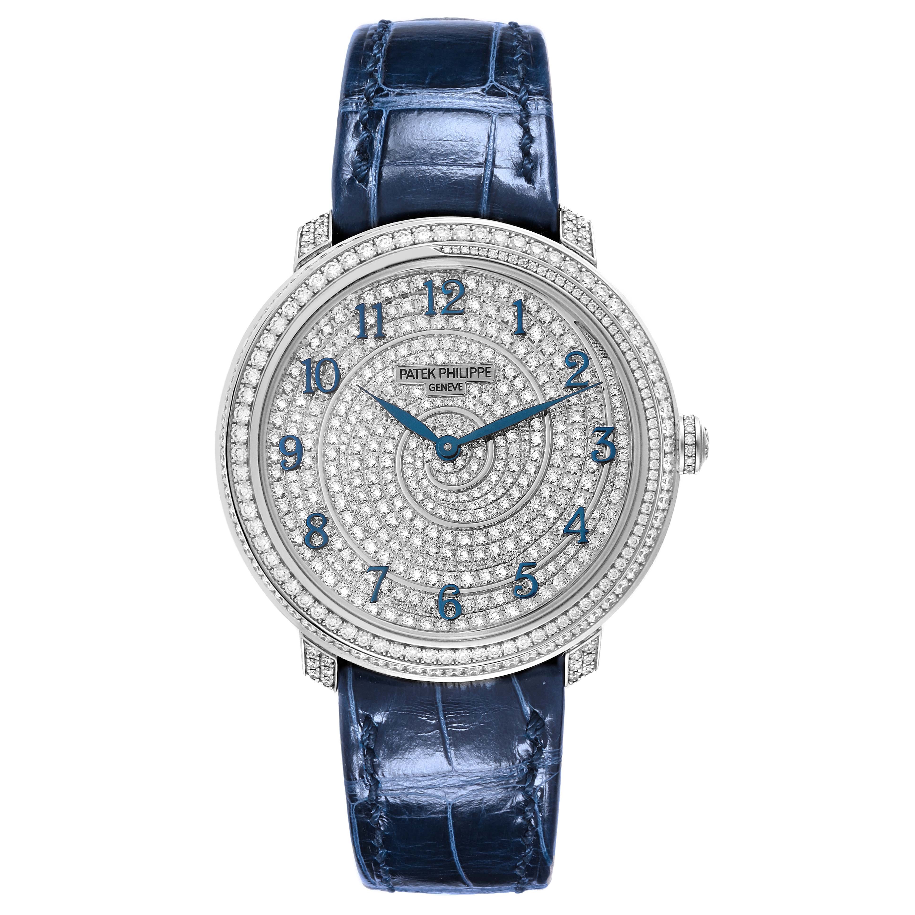 The Patek Philippe Calatrava 4978 Women's White Gold Silver Dial 4978 Women's White Gold Silver Dial watch is shown from a top-down angle, displaying the face, bezel, and strap.