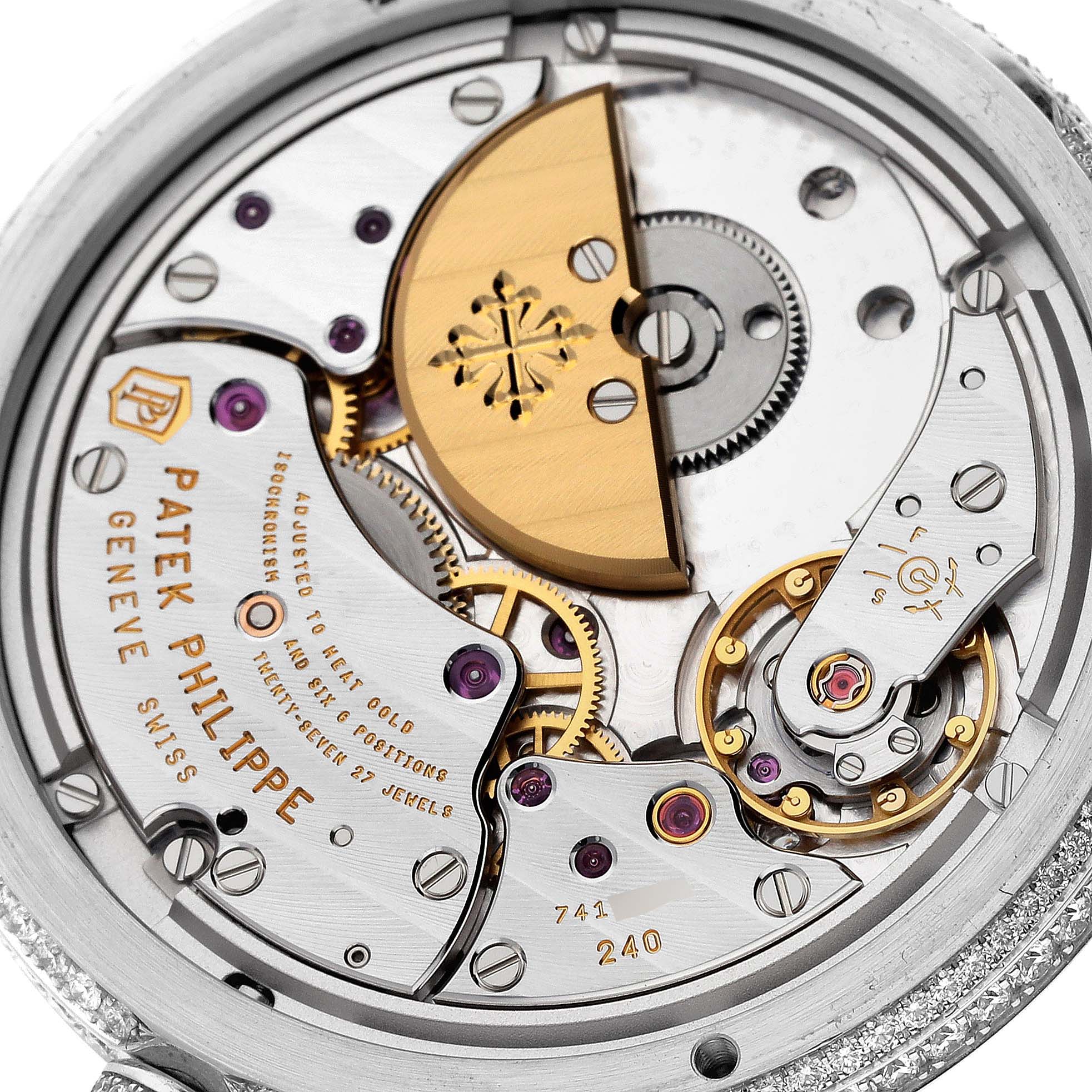 The image shows the movement and rotor of a Patek Philippe Calatrava 4978 Women's White Gold Silver Dial 4978 Women's White Gold Silver Dial watch from the back angle.
