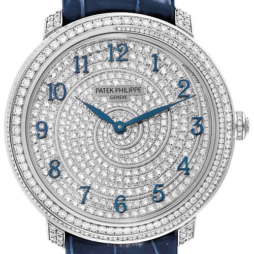 The image shows a front view of a Patek Philippe Calatrava watch with a diamond-studded dial and blue numerals.